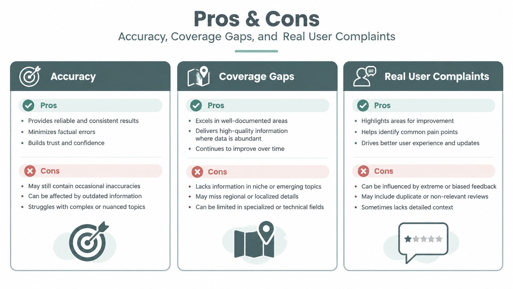 A comparison chart outlining the pros and cons of accuracy, coverage gaps, and real user complaints.