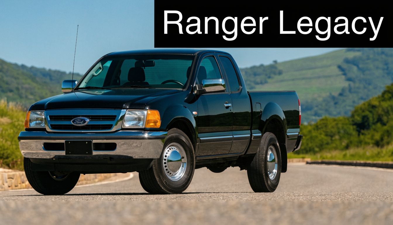 A black 1998 Ford Ranger XLT truck parked on a scenic road with rolling hills in the background.