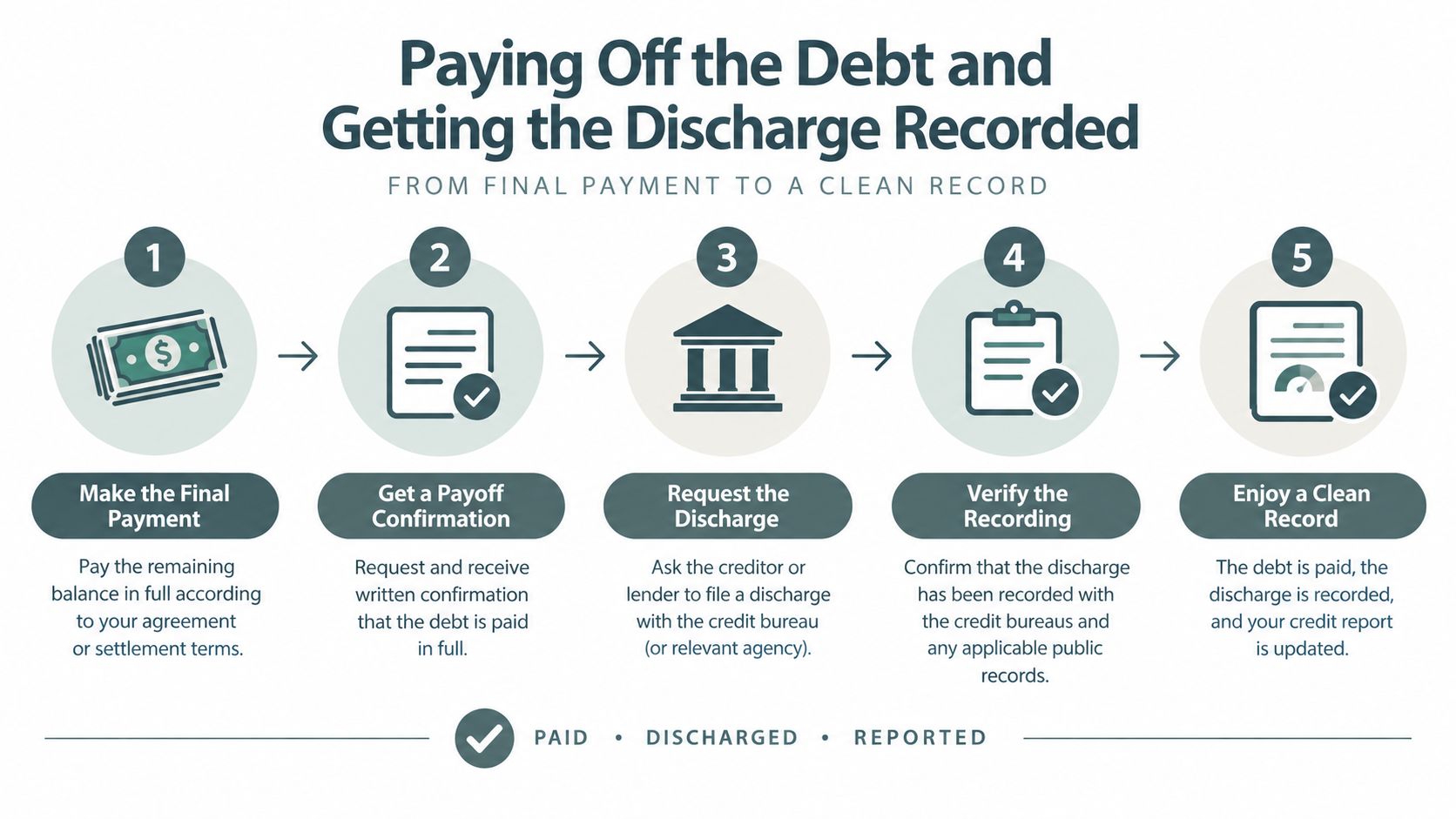 A five-step infographic showing the process of paying off a debt and recording the discharge.