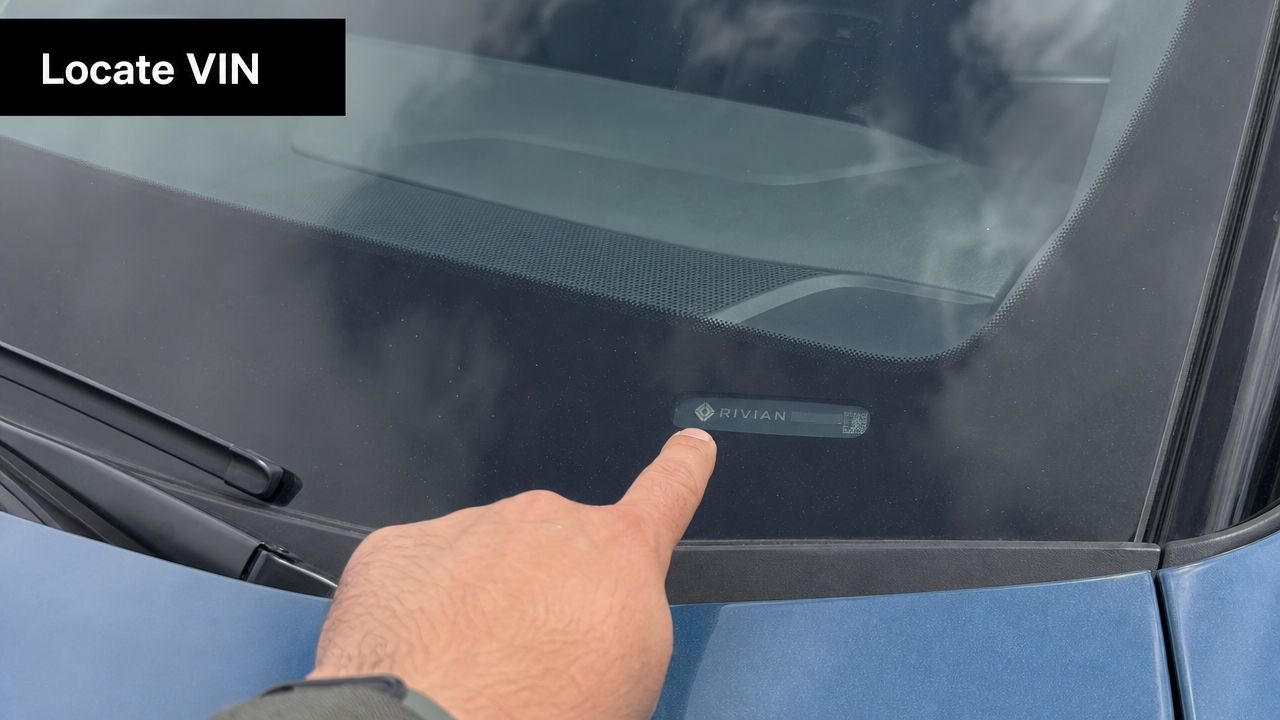 A person's finger points to the vehicle identification number (VIN) located on the bottom corner of a Rivian windshield.