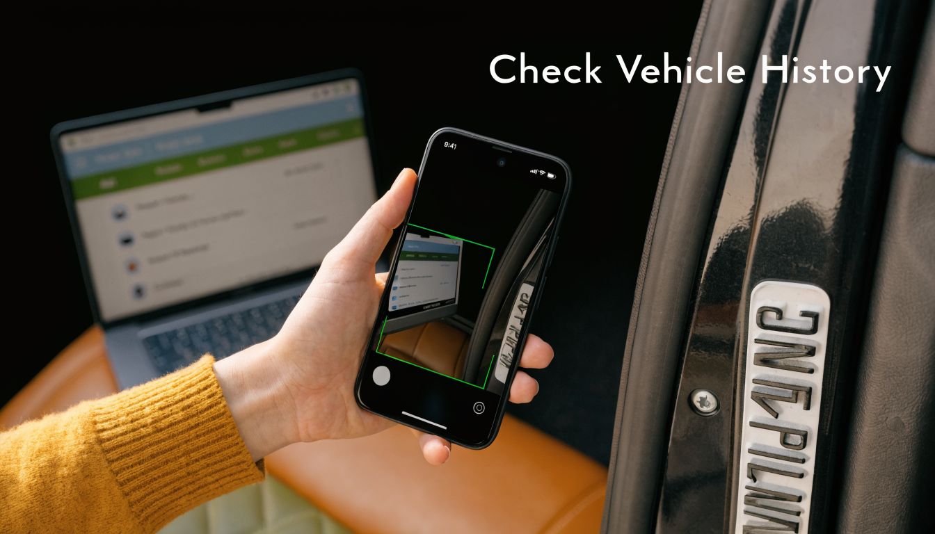 A person using a smartphone to scan a vehicle identification number to check the history of a car.