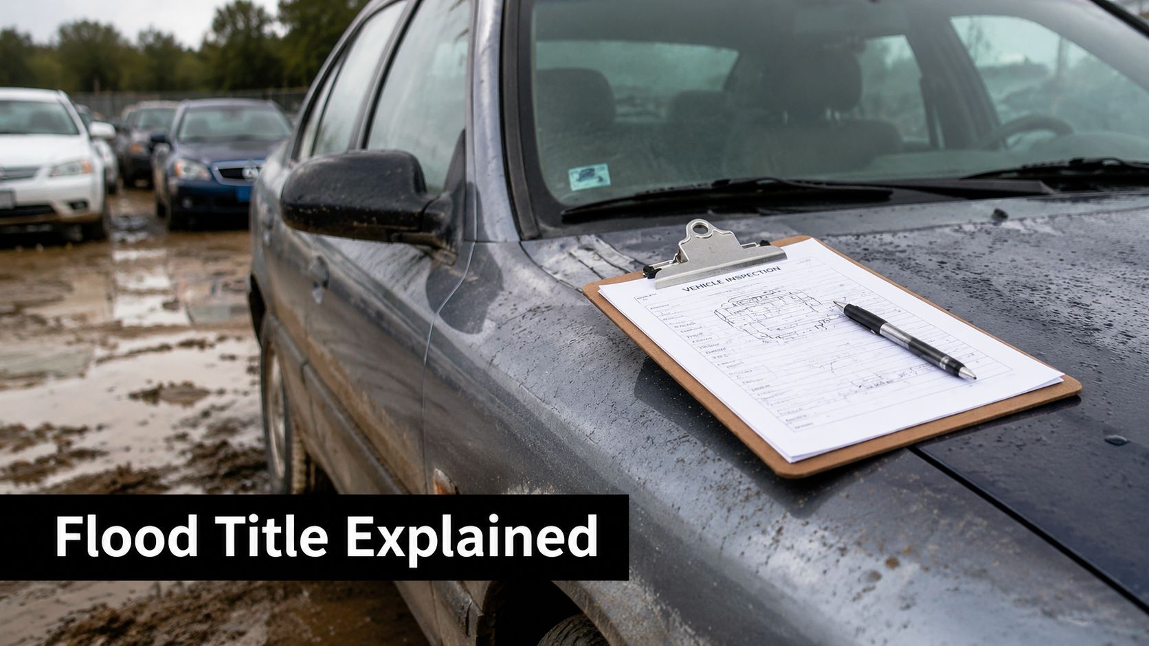 A clipboard with a vehicle inspection form placed on the muddy hood of a car outdoors.