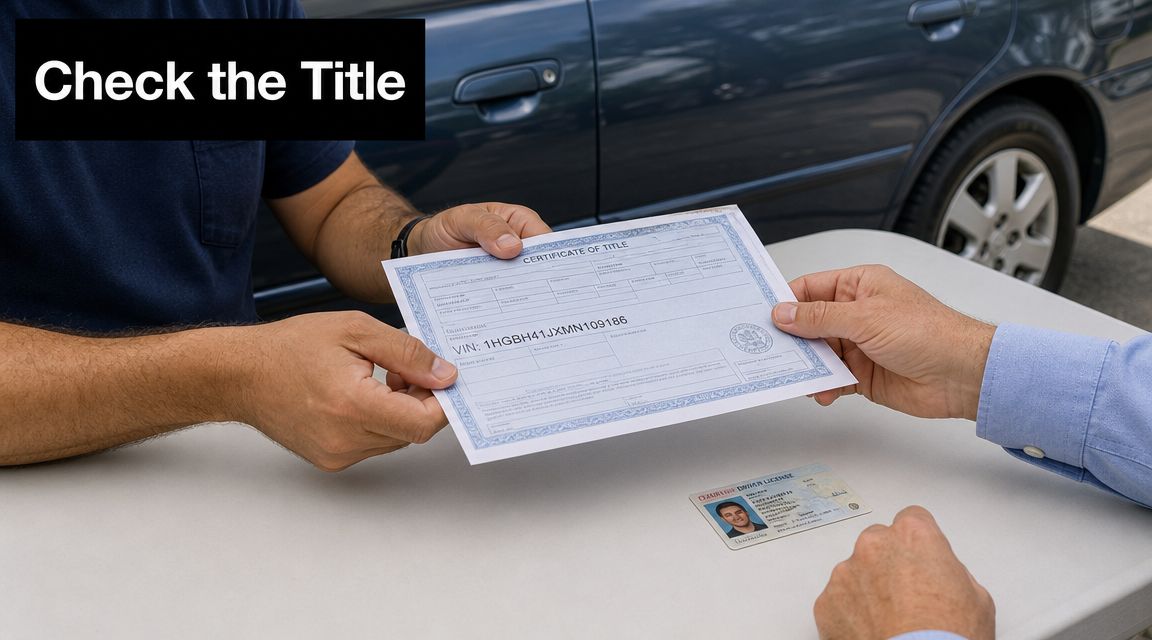 A person handing a car title certificate and driver license to another person during a private car sale.