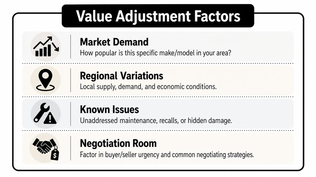 An infographic titled Value Adjustment Factors showing four key considerations for estimating used car prices.