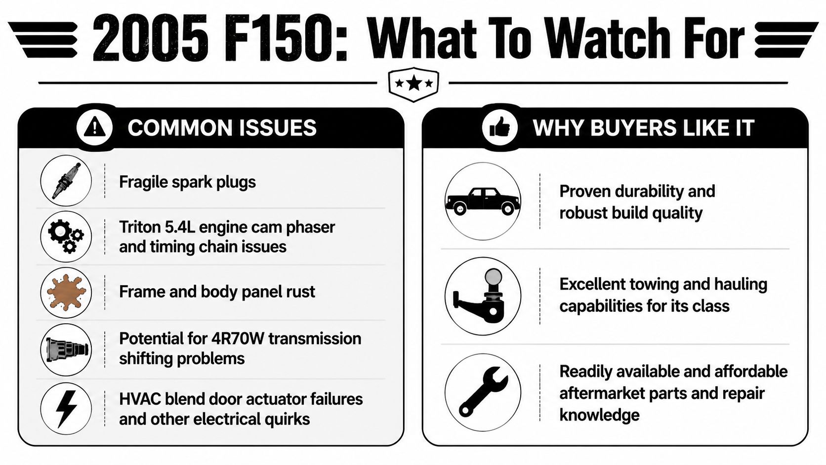 A chart detailing common issues and positive features to consider when buying a 2005 Ford F150 truck.