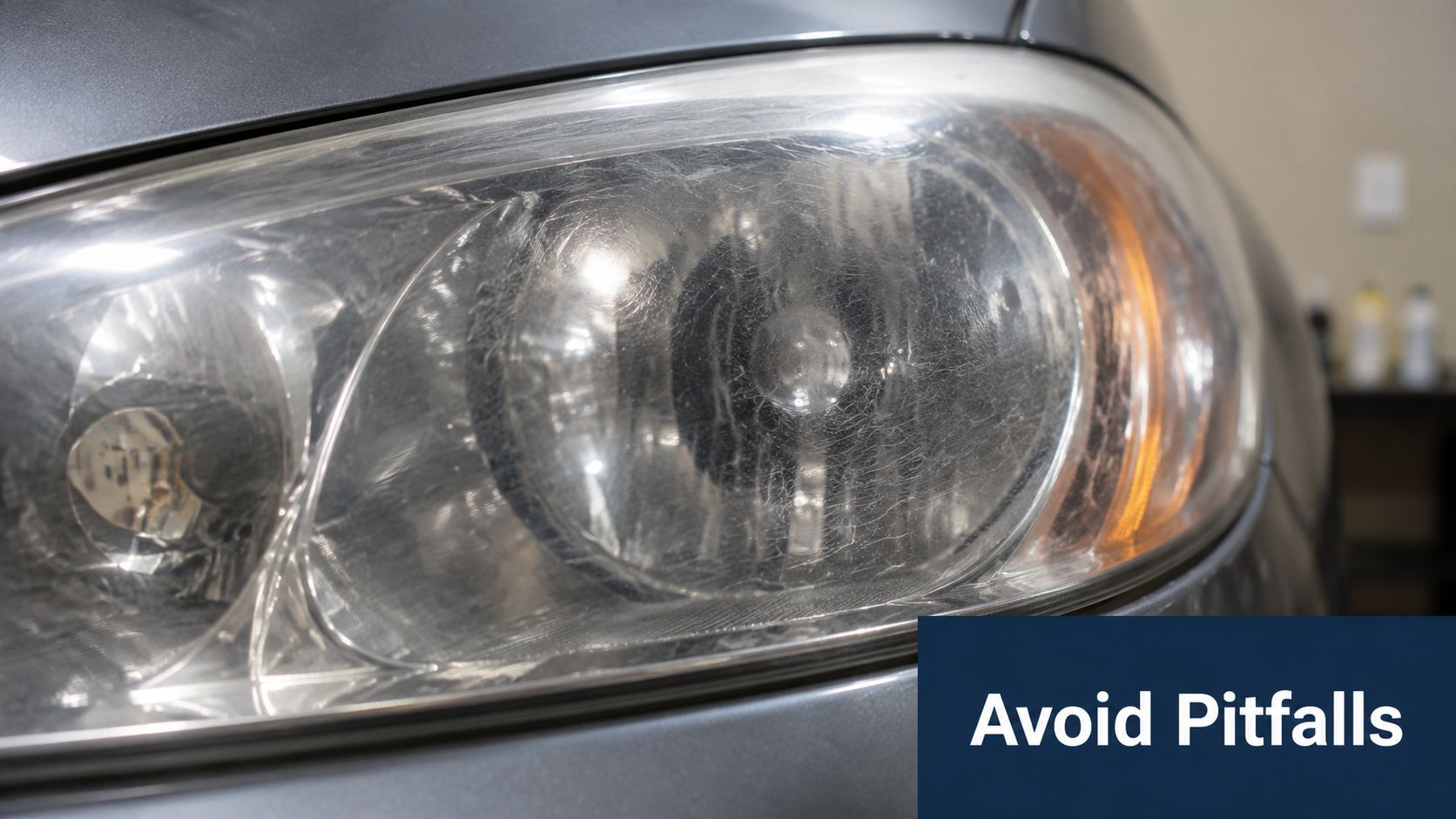 A close-up view of a cloudy and scratched car headlight lens needing restoration and professional cleaning.