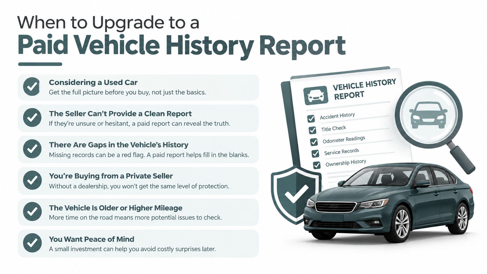 An infographic titled When to Upgrade to a Paid Vehicle History Report listing six scenarios for buying vehicles.