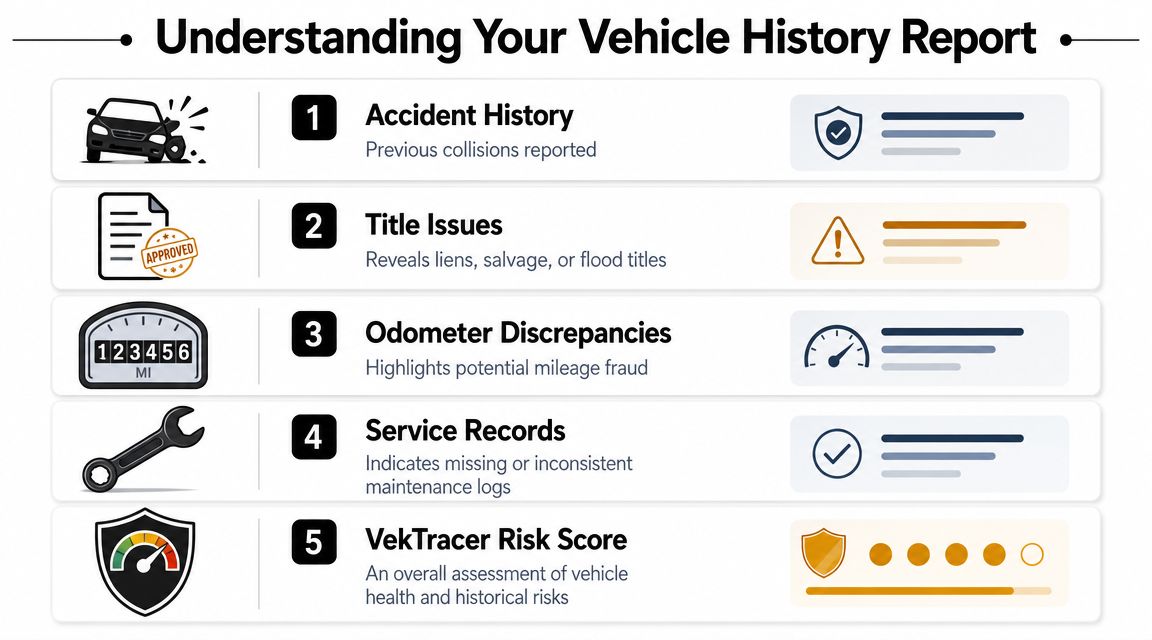 A guide infographic detailing five key components included in a vehicle history report for car buyers.