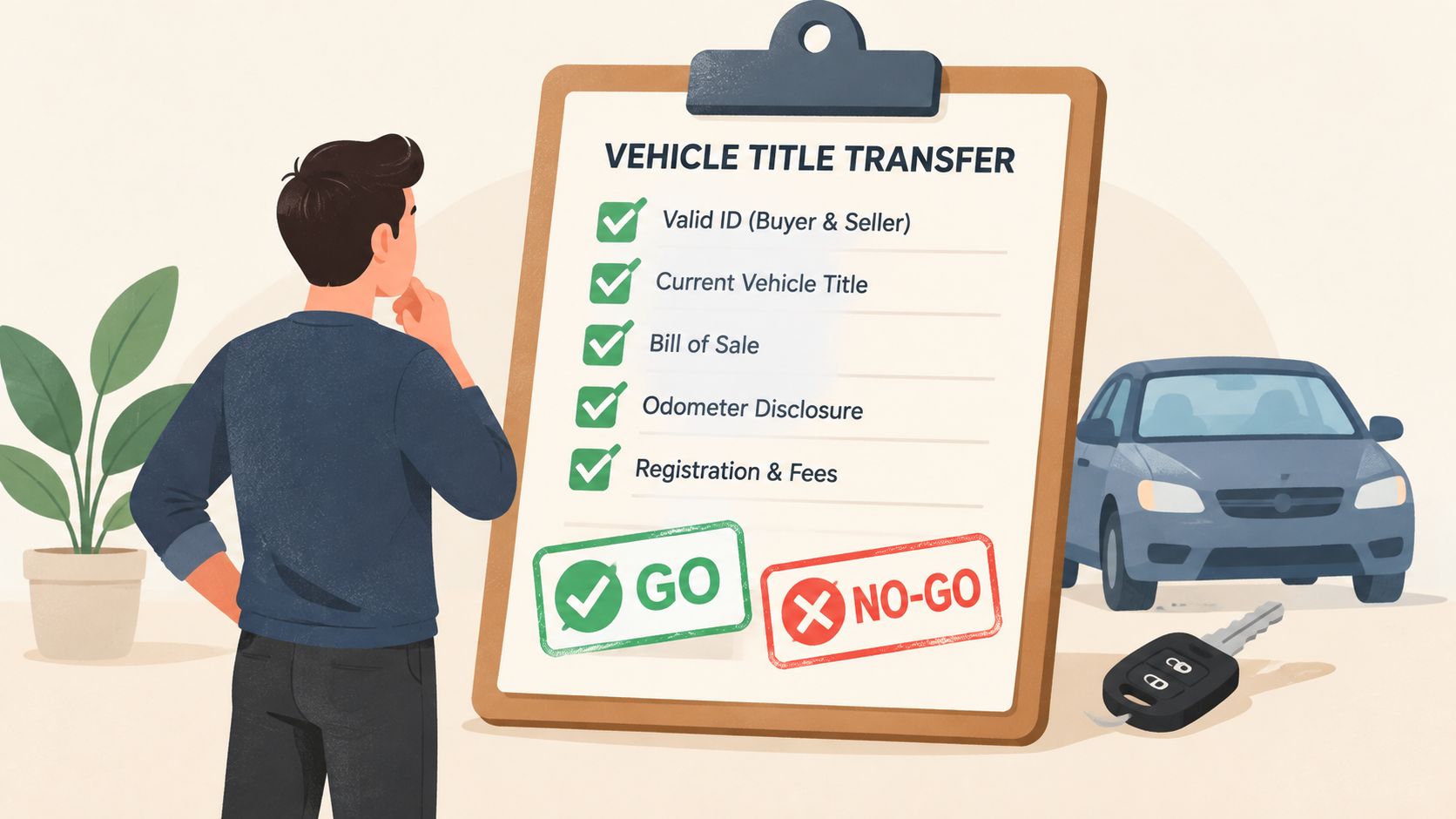 A person looking at a clipboard checklist with requirements for a vehicle title transfer and a car nearby.
