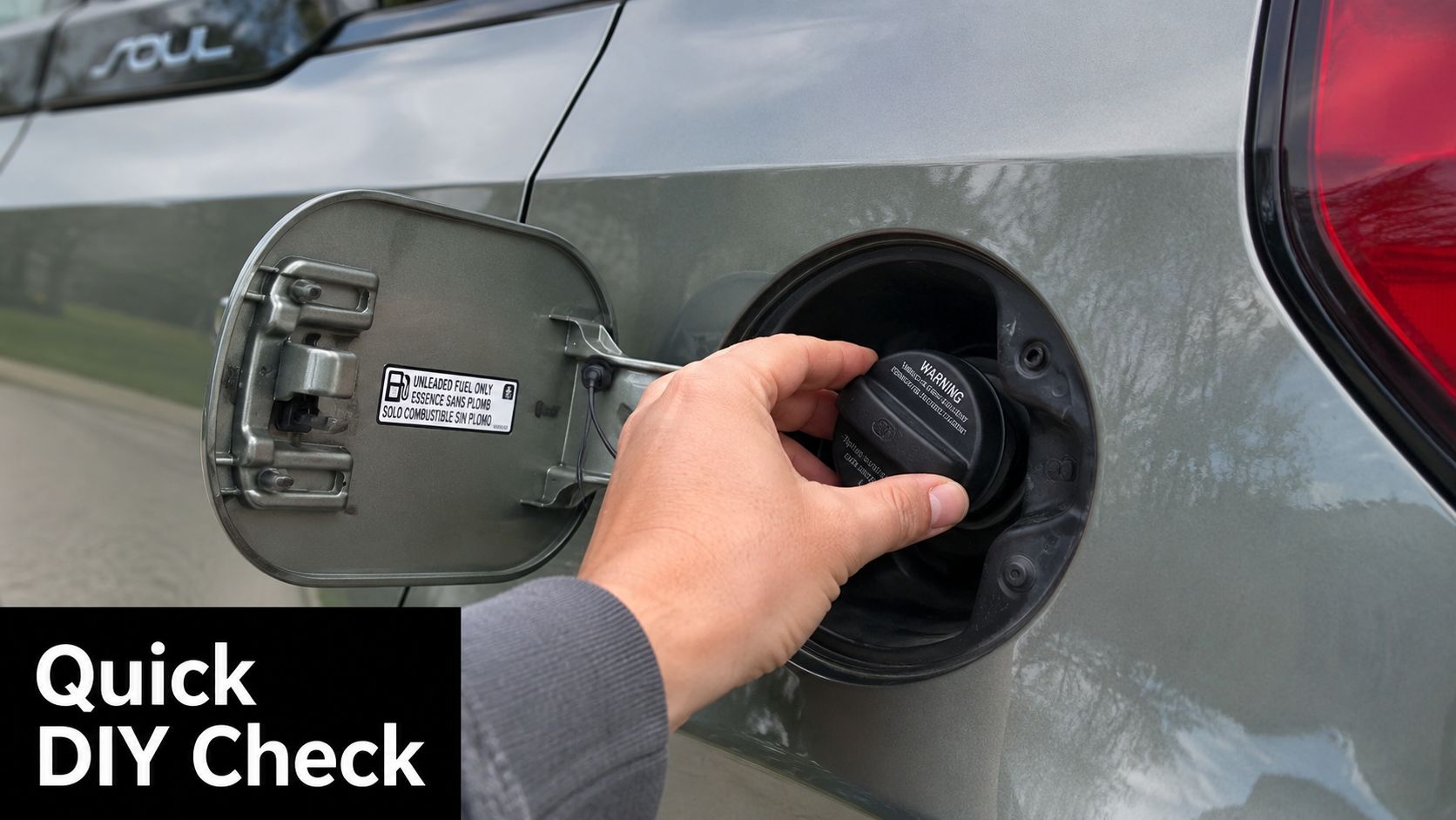 A person opening the fuel filler cap on a Kia Soul vehicle to perform a manual inspection.