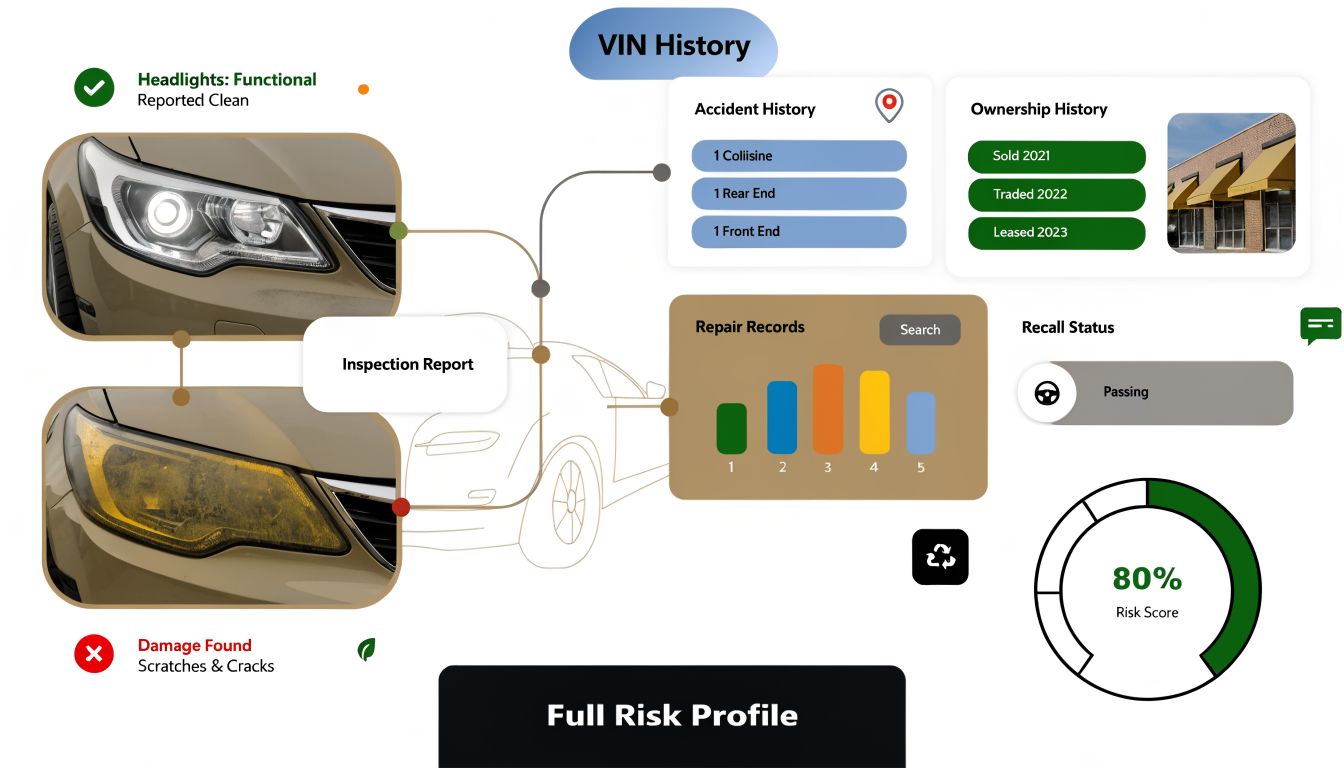 A detailed vehicle inspection report infographic displaying car accident history, ownership, repair records, and risk score.
