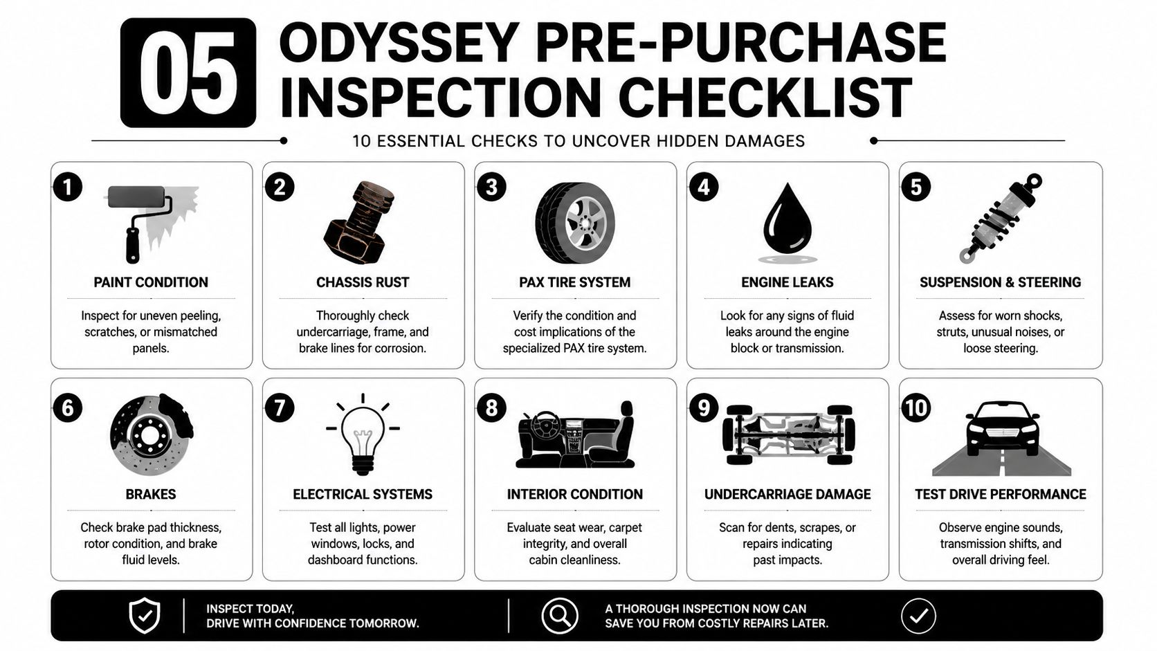 An infographic titled Odyssey Pre-Purchase Inspection Checklist detailing ten essential maintenance and condition checks for vehicle buyers.