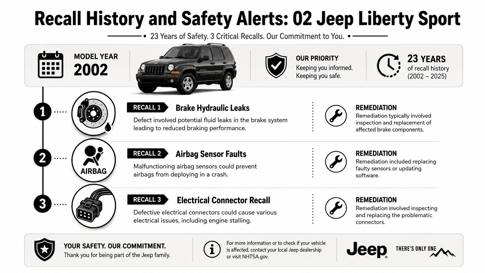 An infographic detailing the three major vehicle recalls for a 2002 Jeep Liberty Sport model.