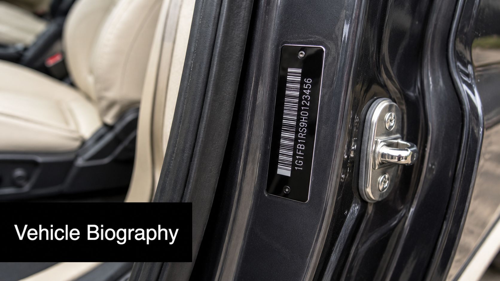 A close-up view of a vehicle identification number plate attached to the door frame of a car.