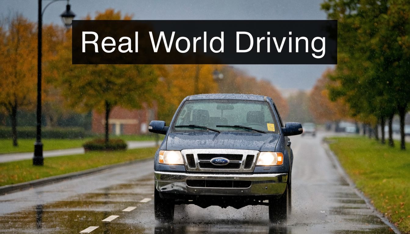 A blue Ford Ranger pickup truck driving on a wet, rainy road surrounded by autumn trees.