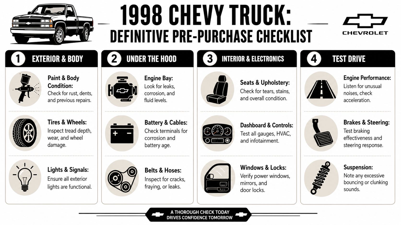 A comprehensive pre-purchase inspection checklist for a 1998 Chevy truck covering exterior, engine, interior, and driving tests.