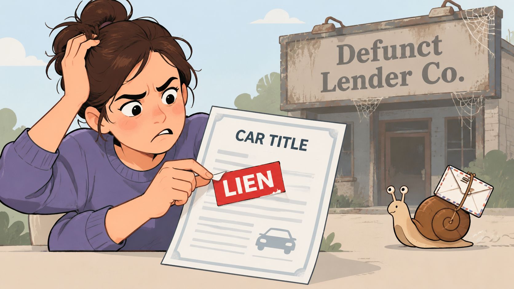 A confused woman looking at a car title document featuring a red lien stamp, next to a snail.