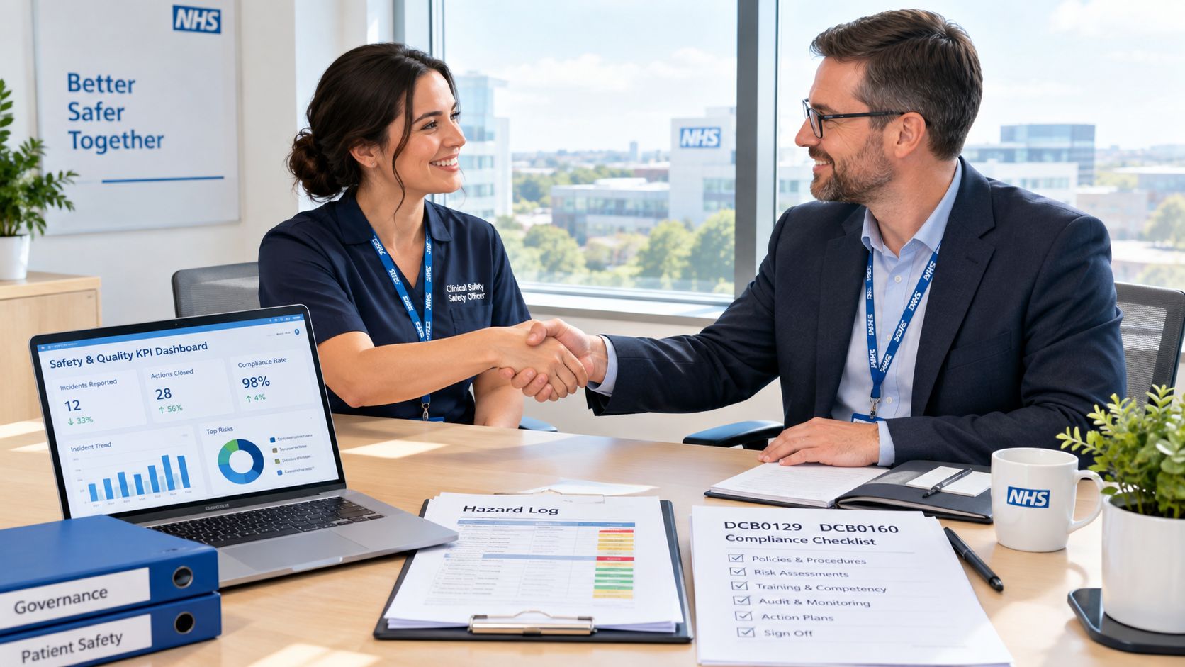 A professional NHS clinical safety officer and manager shaking hands over a meeting table with healthcare documentation.