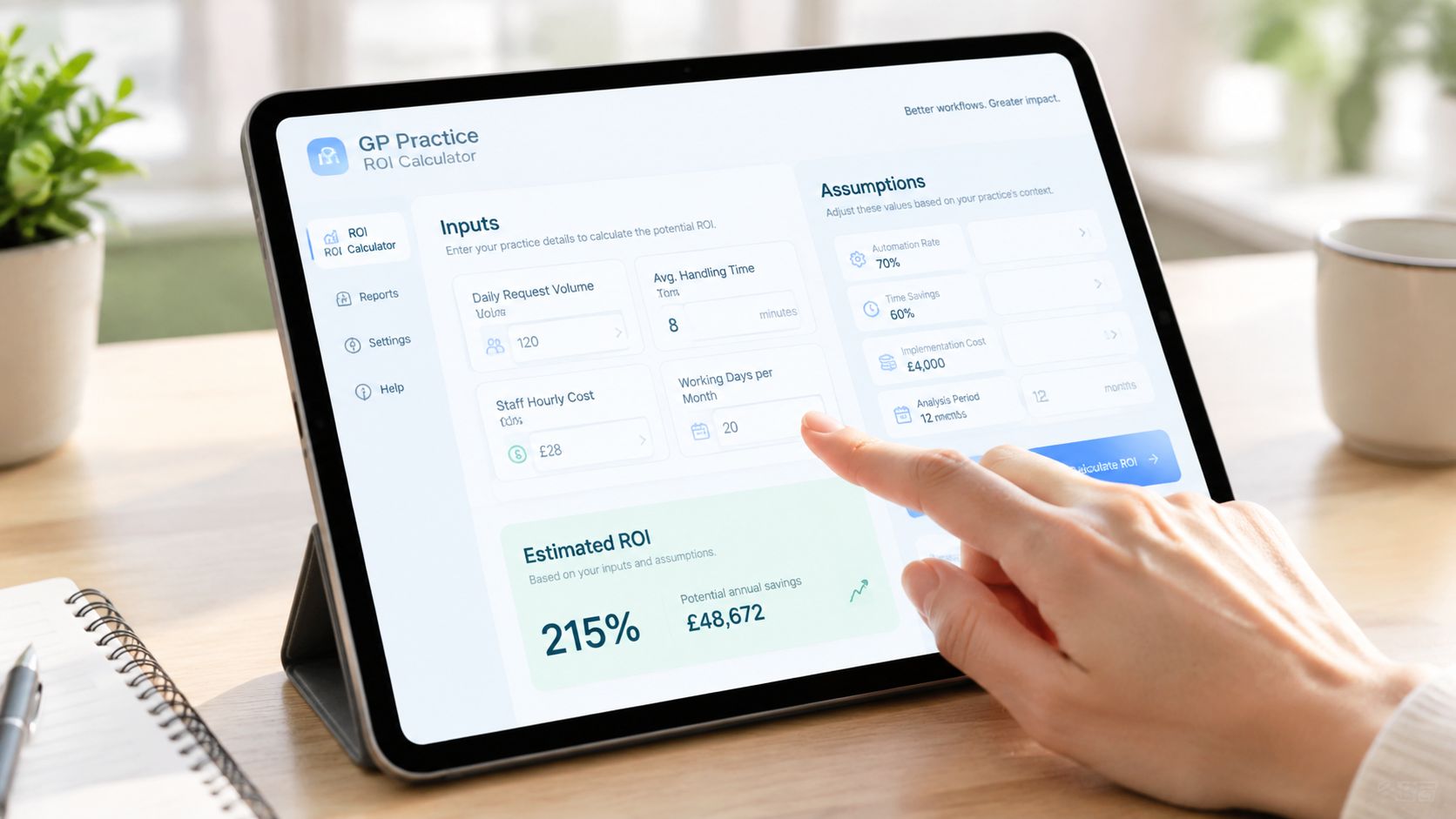 A person using a tablet to calculate the return on investment for GP practice autonomous triage solutions.