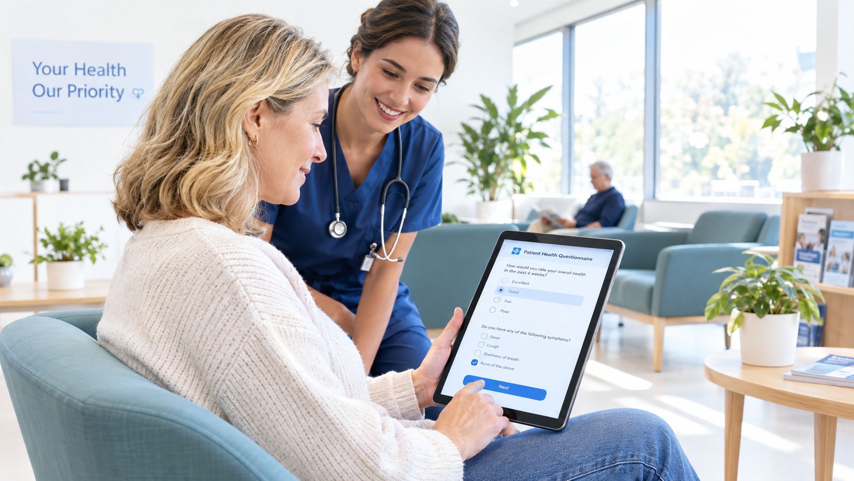 A friendly nurse assists a patient with a digital health questionnaire on a tablet in a waiting room.