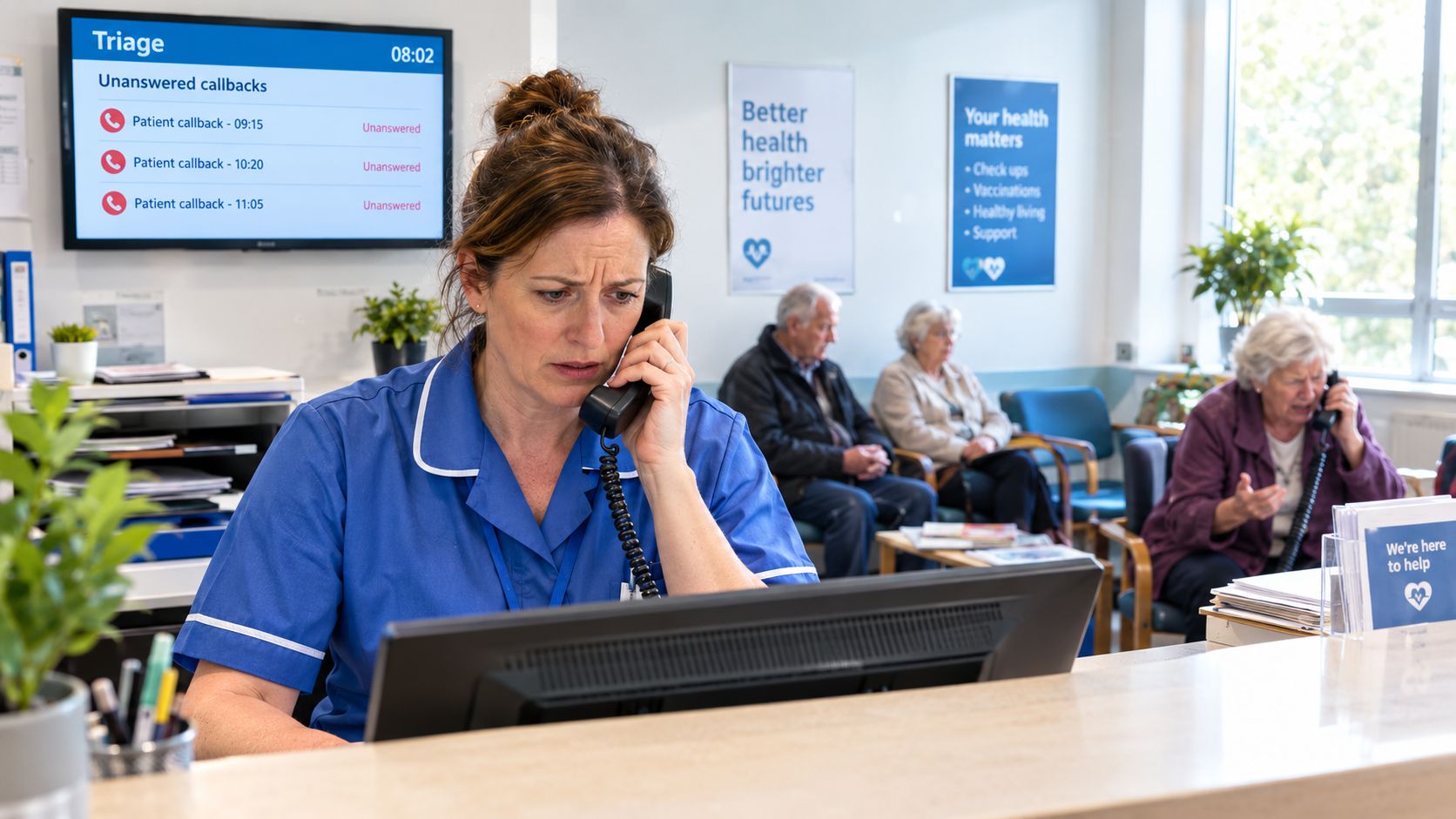 A concerned receptionist in a blue uniform speaks on the phone at a busy medical clinic reception desk.
