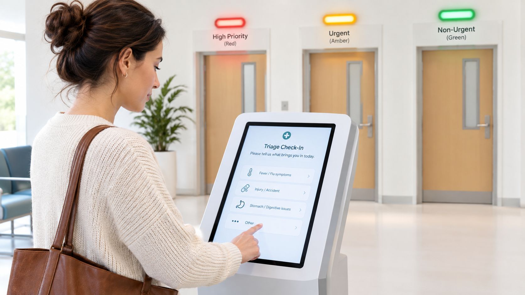 A woman uses a touch screen kiosk to check in at a medical facility triage station.