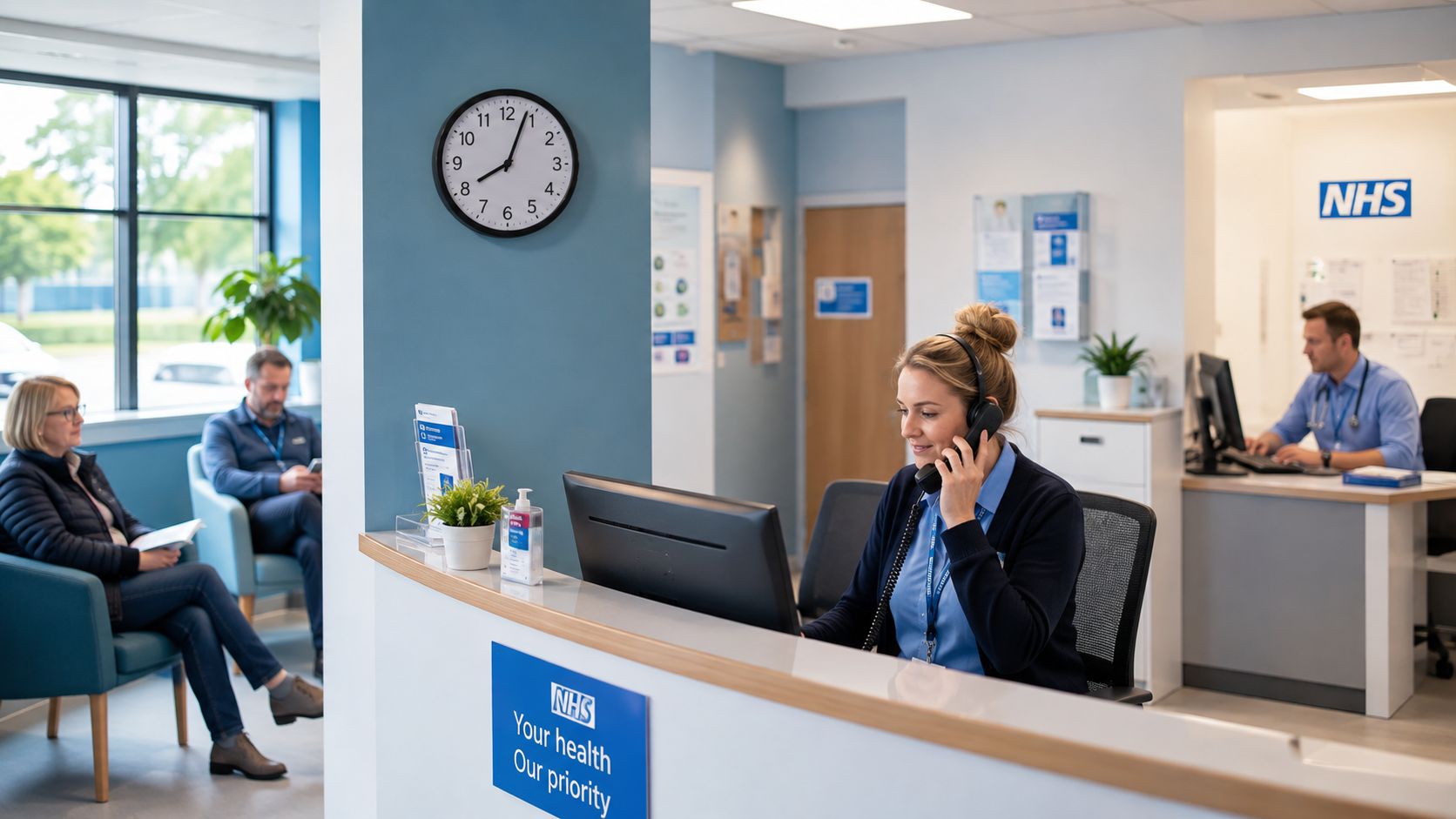 A professional receptionist talking on the phone in a modern, organized medical clinic waiting room.