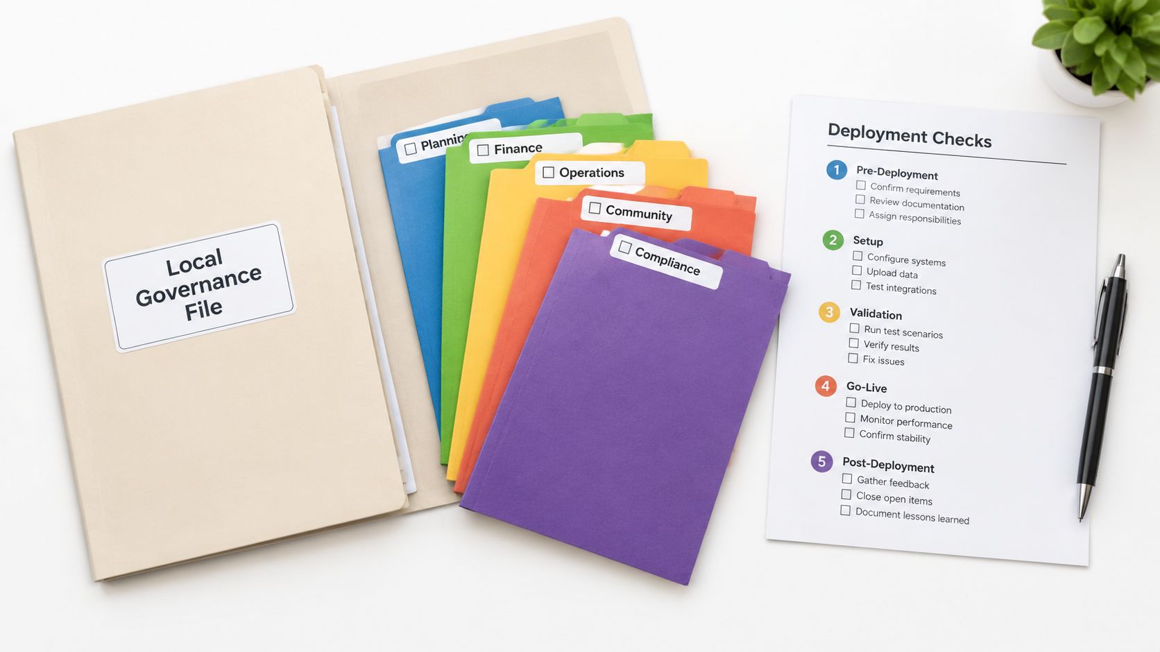 A tan folder labeled Local Governance File with colorful sub-folders next to a Deployment Checks checklist.