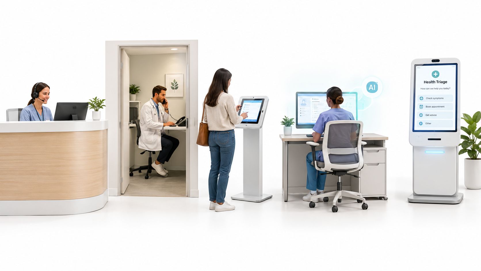 A modern medical office featuring staff using AI technology for patient triage and healthcare administration services.