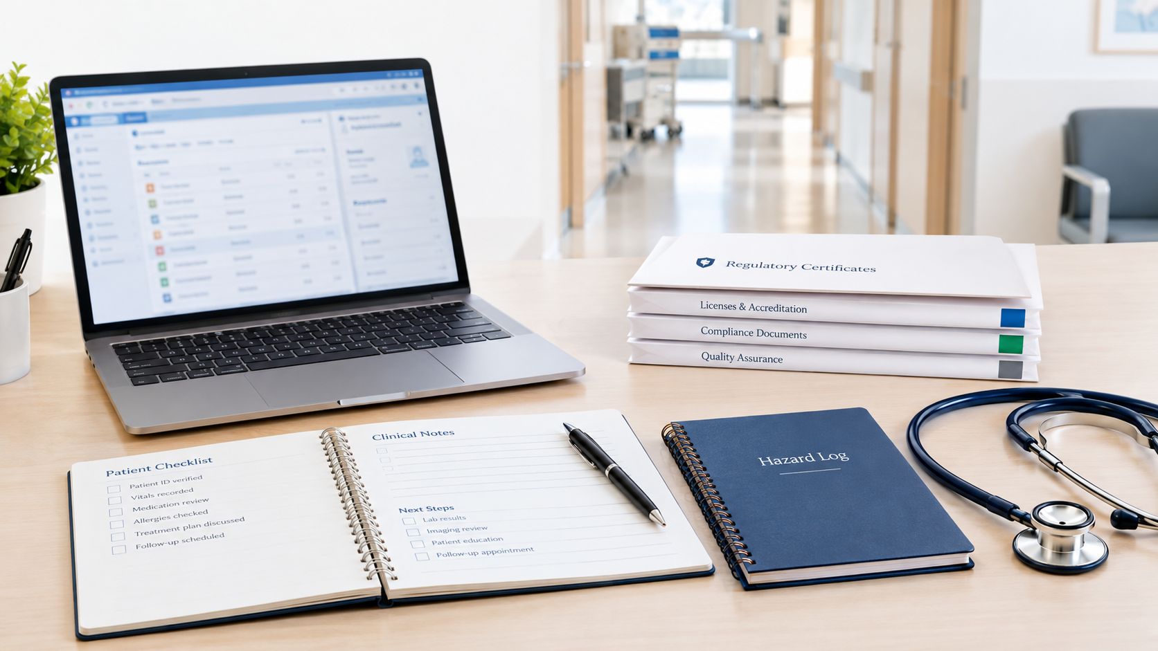 A professional medical workspace featuring a laptop, patient checklist, clinical notes, and a hospital hazard log.