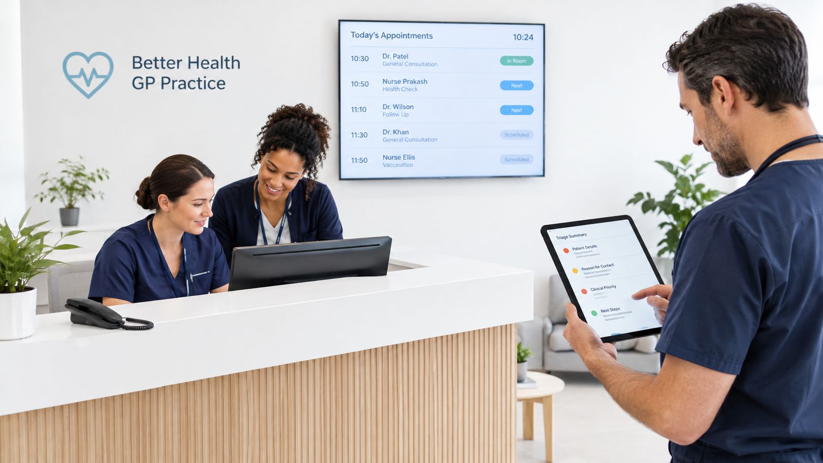 Medical staff working at a modern reception desk while a healthcare professional uses an AI triage tablet.