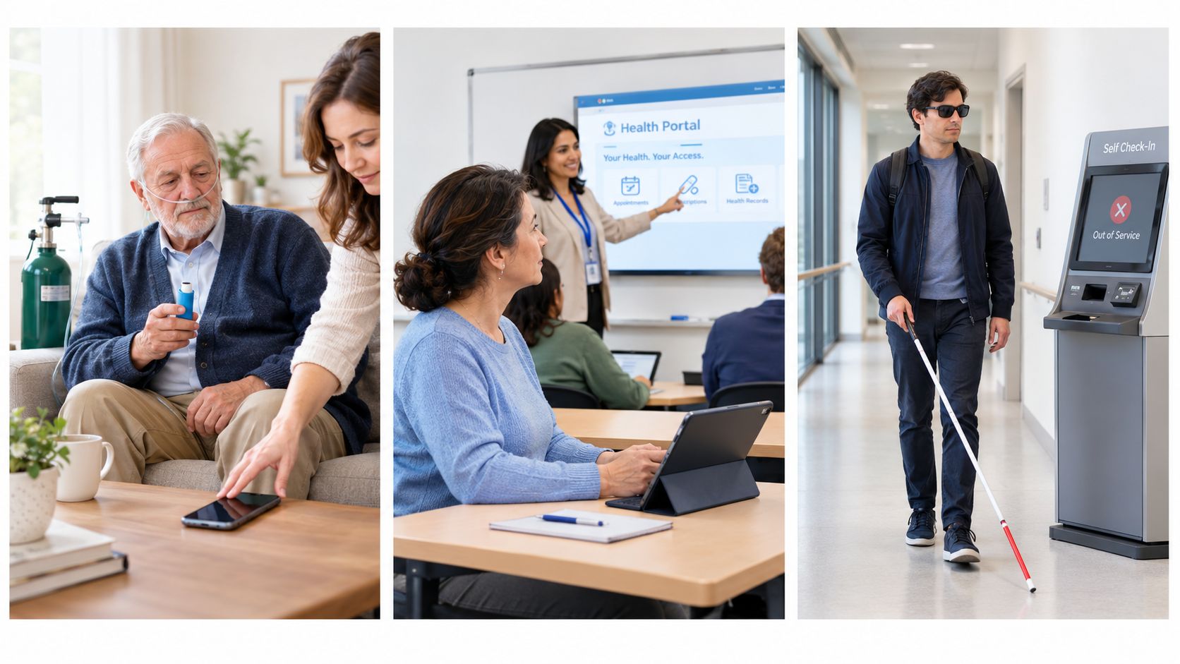 A collage showing patients with various needs navigating digital healthcare tools and systems in different environments.