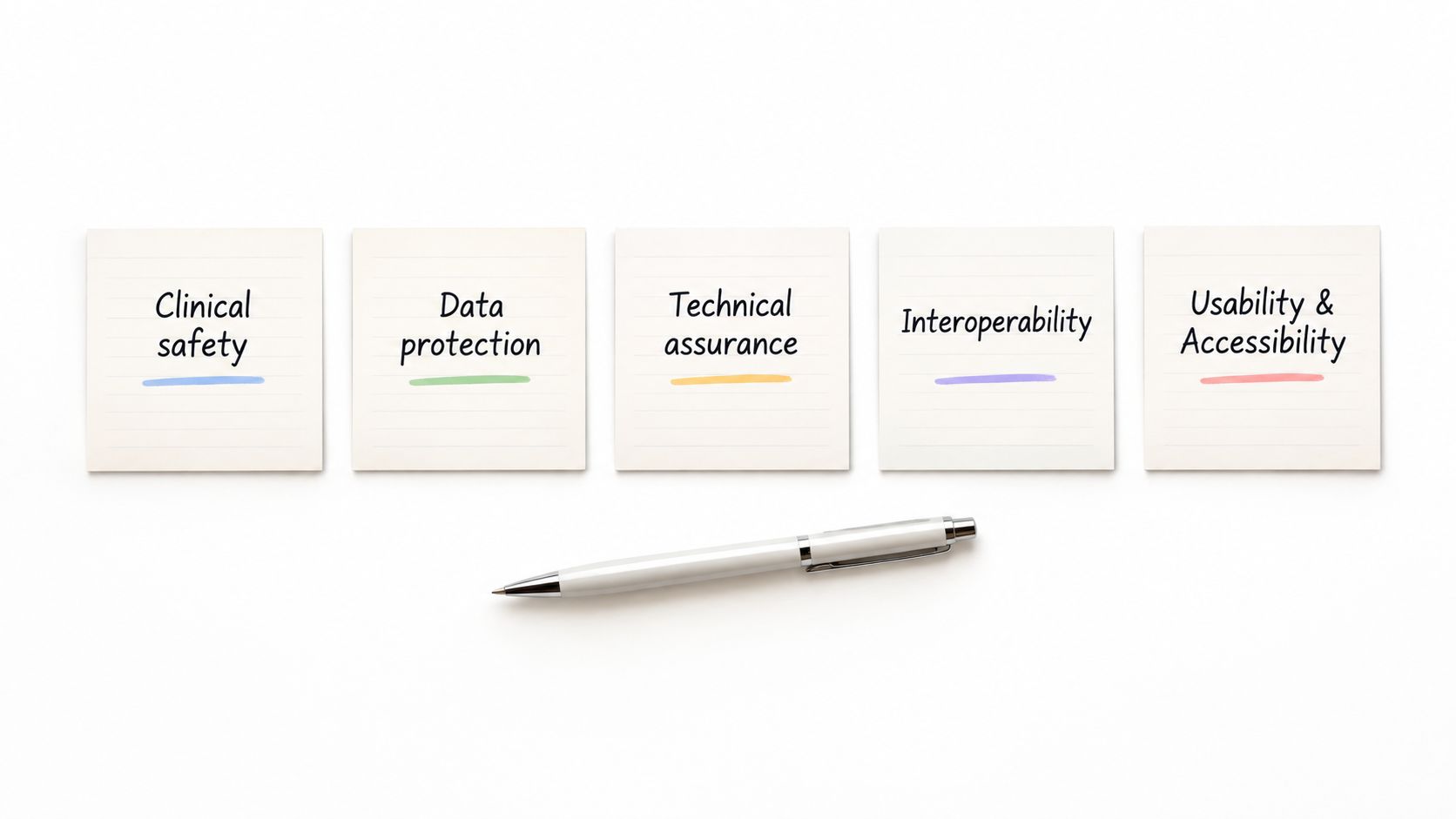 Five sticky notes listing key criteria including clinical safety, data protection, technical assurance, interoperability, and usability.