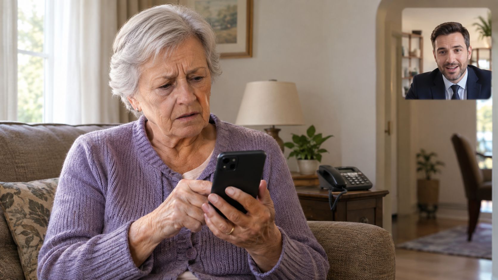 An elderly woman with a concerned expression uses a smartphone for an online consultation with a professional.