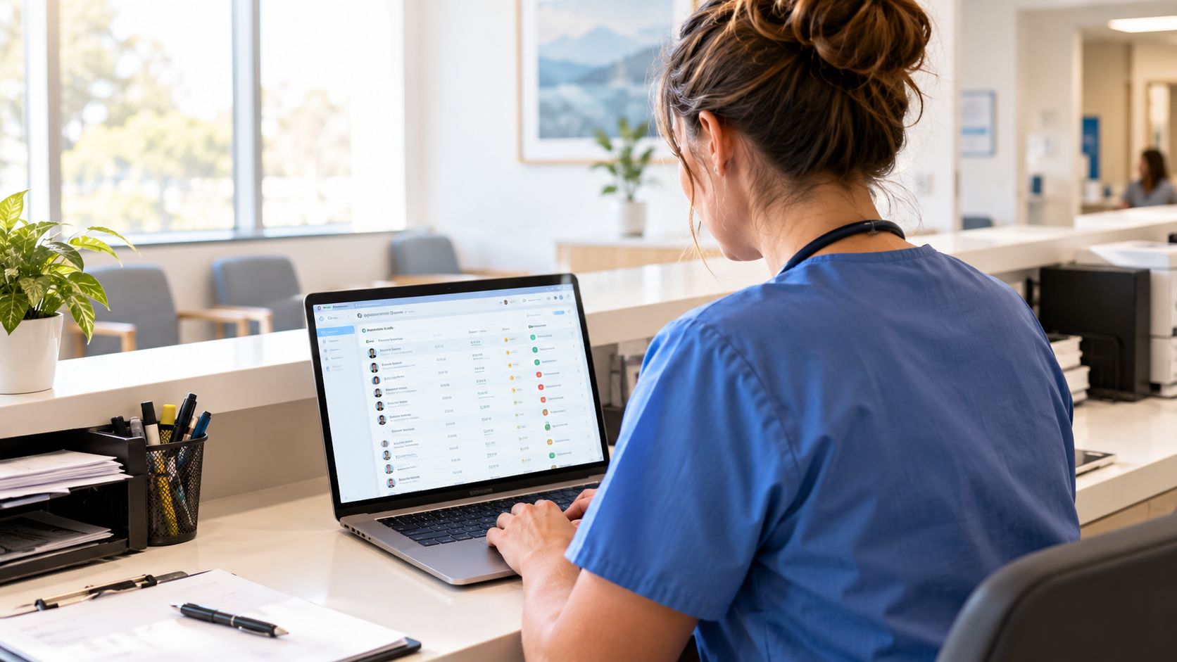 A healthcare professional in blue scrubs working on a laptop at a busy hospital nursing station.