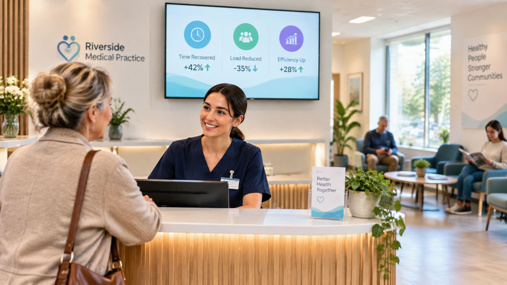 A friendly receptionist interacts with a patient at the front desk of a modern medical office.
