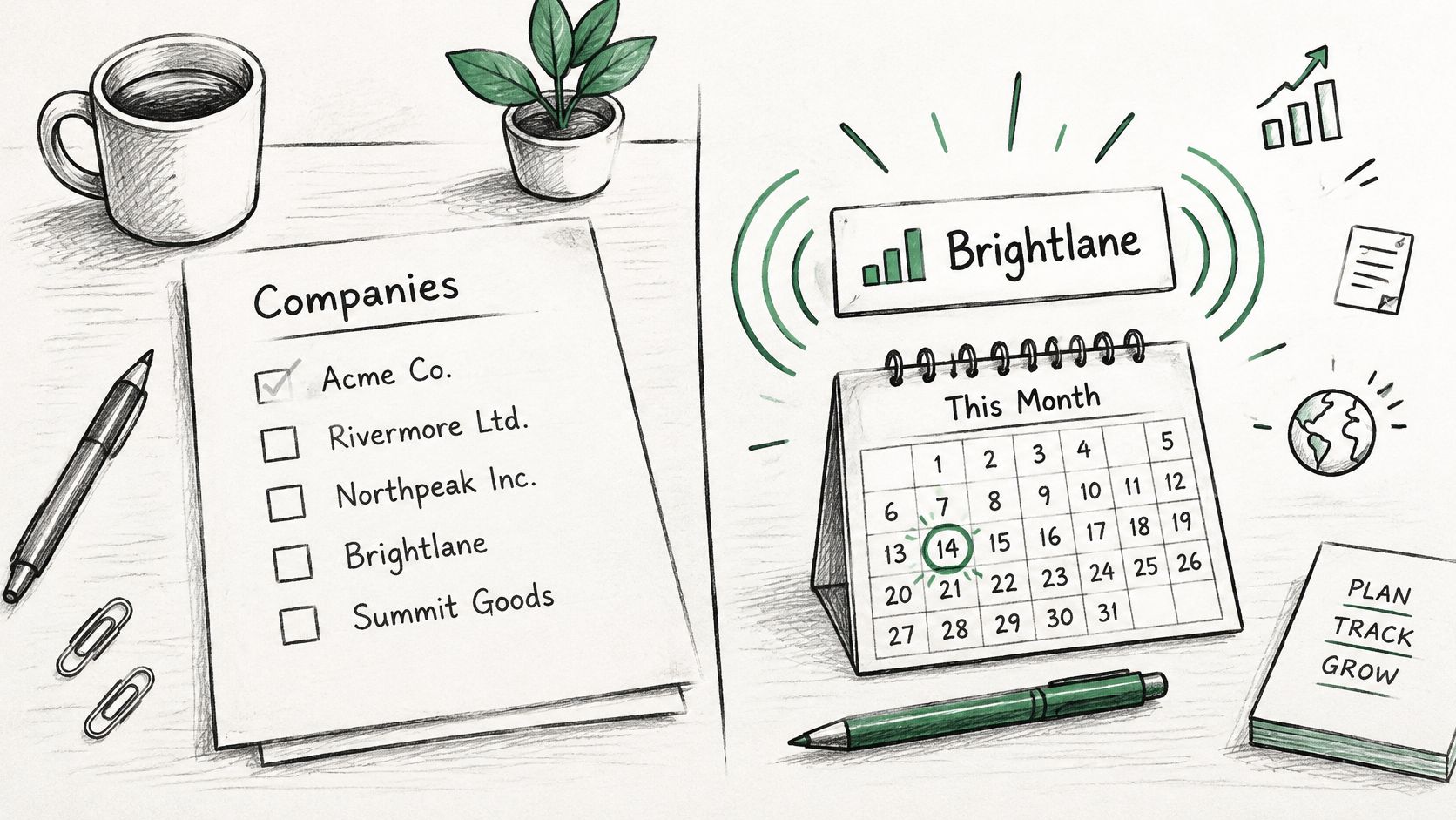 A hand-drawn desk scene featuring a company task list and a calendar marked on the fourteenth.