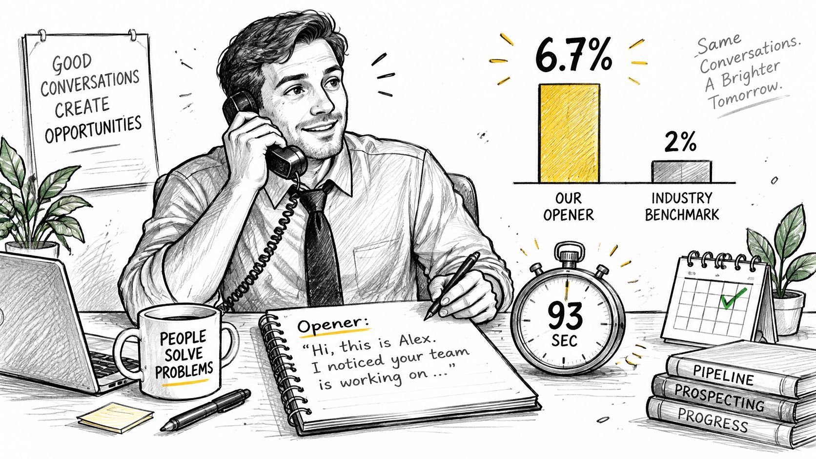 A professional man making a sales call with statistics showing high success rates on his desk.