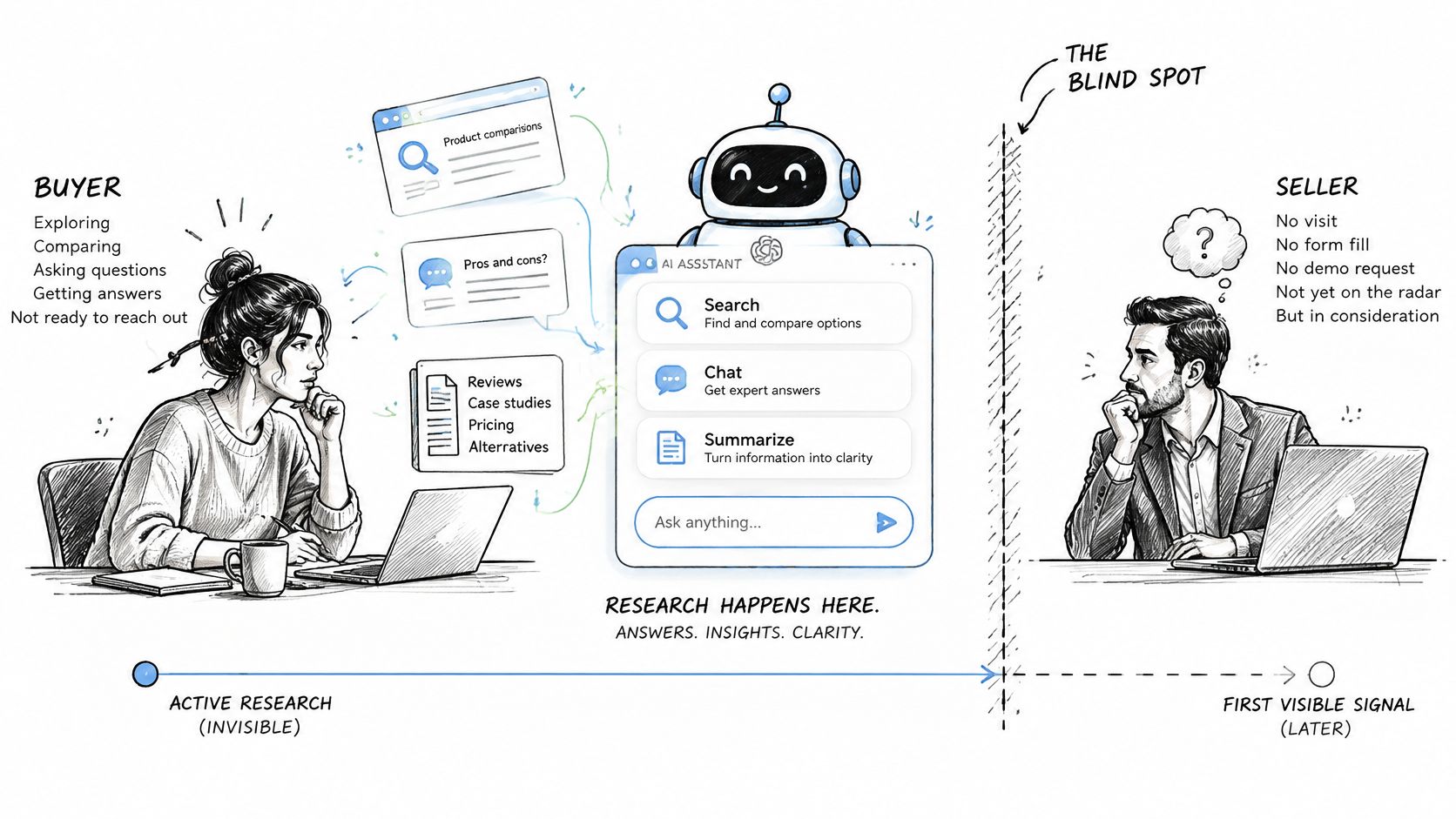 A diagram illustrating how buyers research using AI before sellers can detect any initial sales signals.