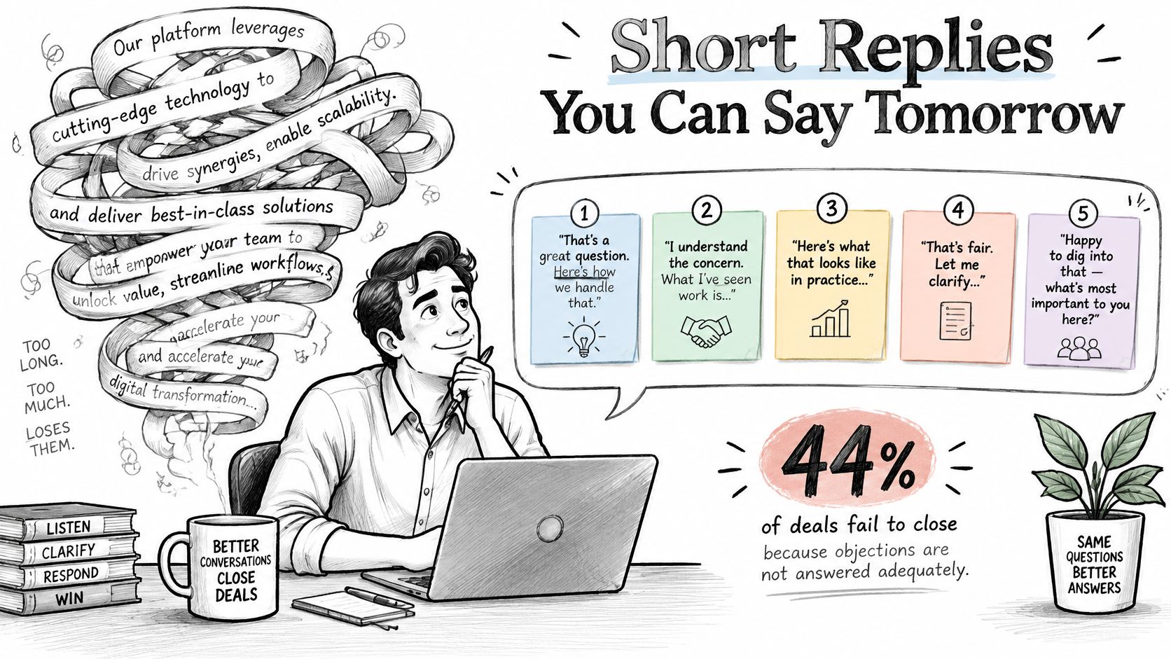 A hand-drawn illustration showing how to effectively handle customer objections using short, concise professional responses.