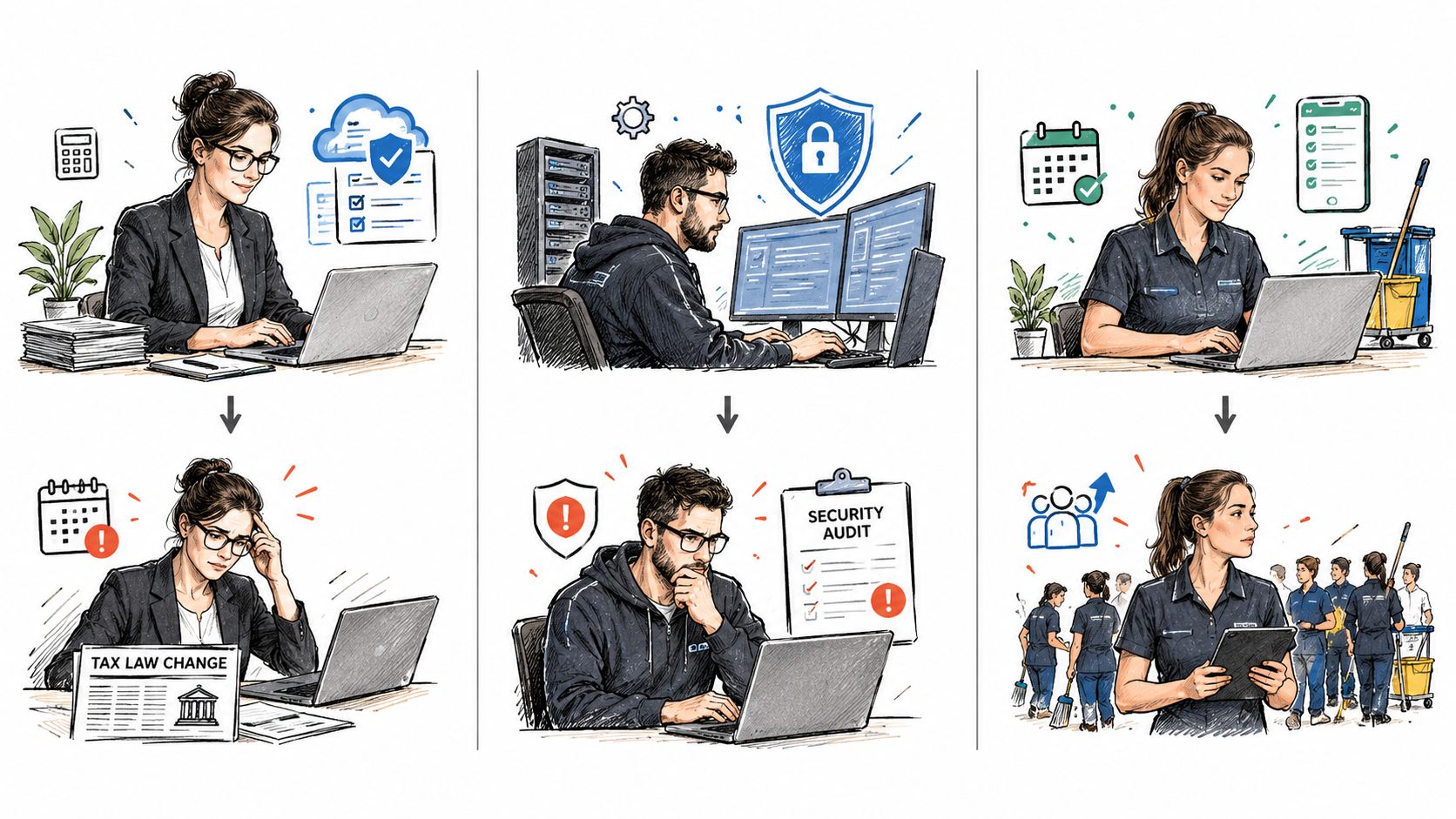 Three pairs of illustrations showing professionals facing unexpected business challenges and adapting to new workplace requirements.