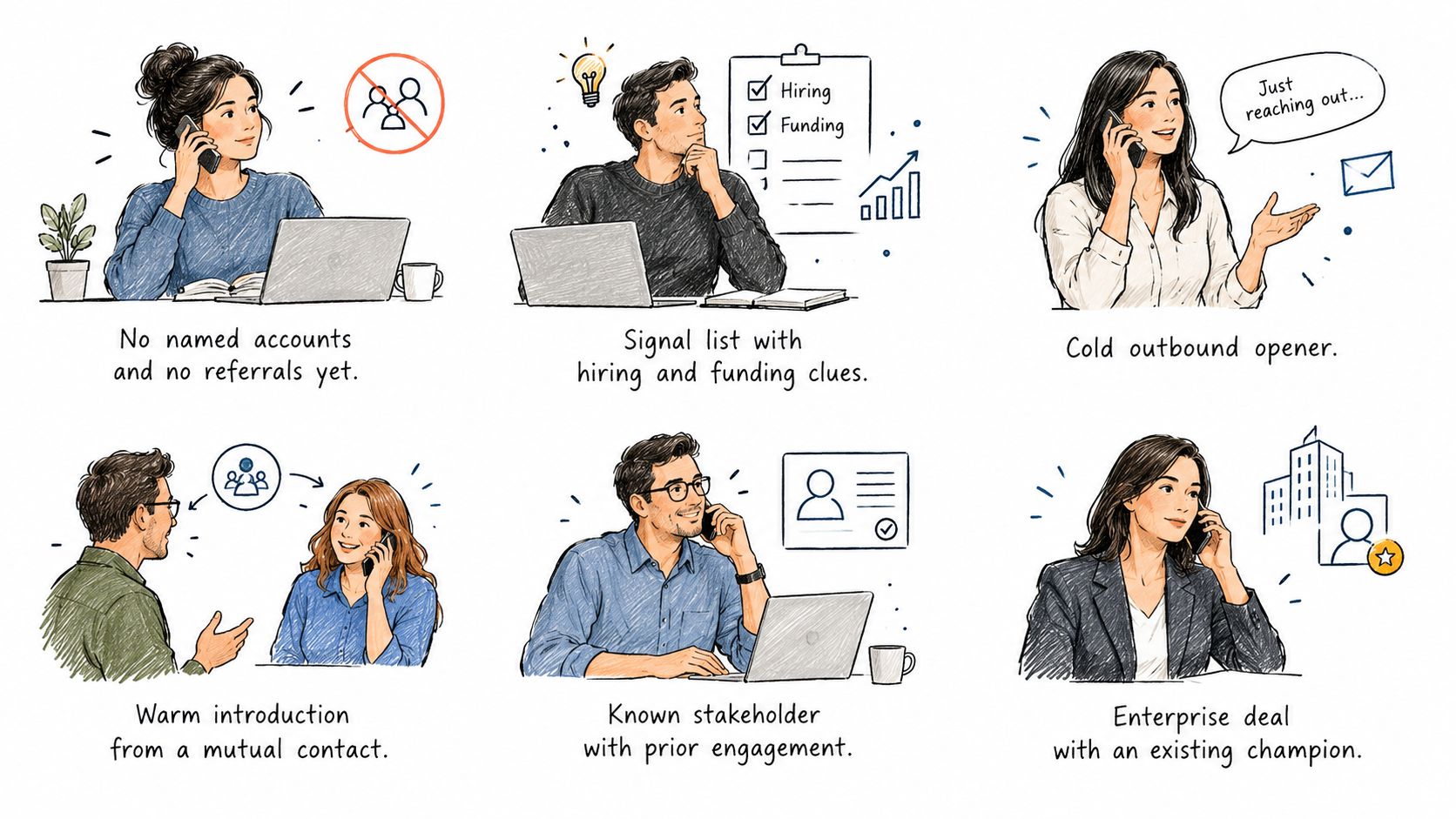 A visual guide illustrating six different sales prospecting strategies from cold calling to building enterprise relationships.