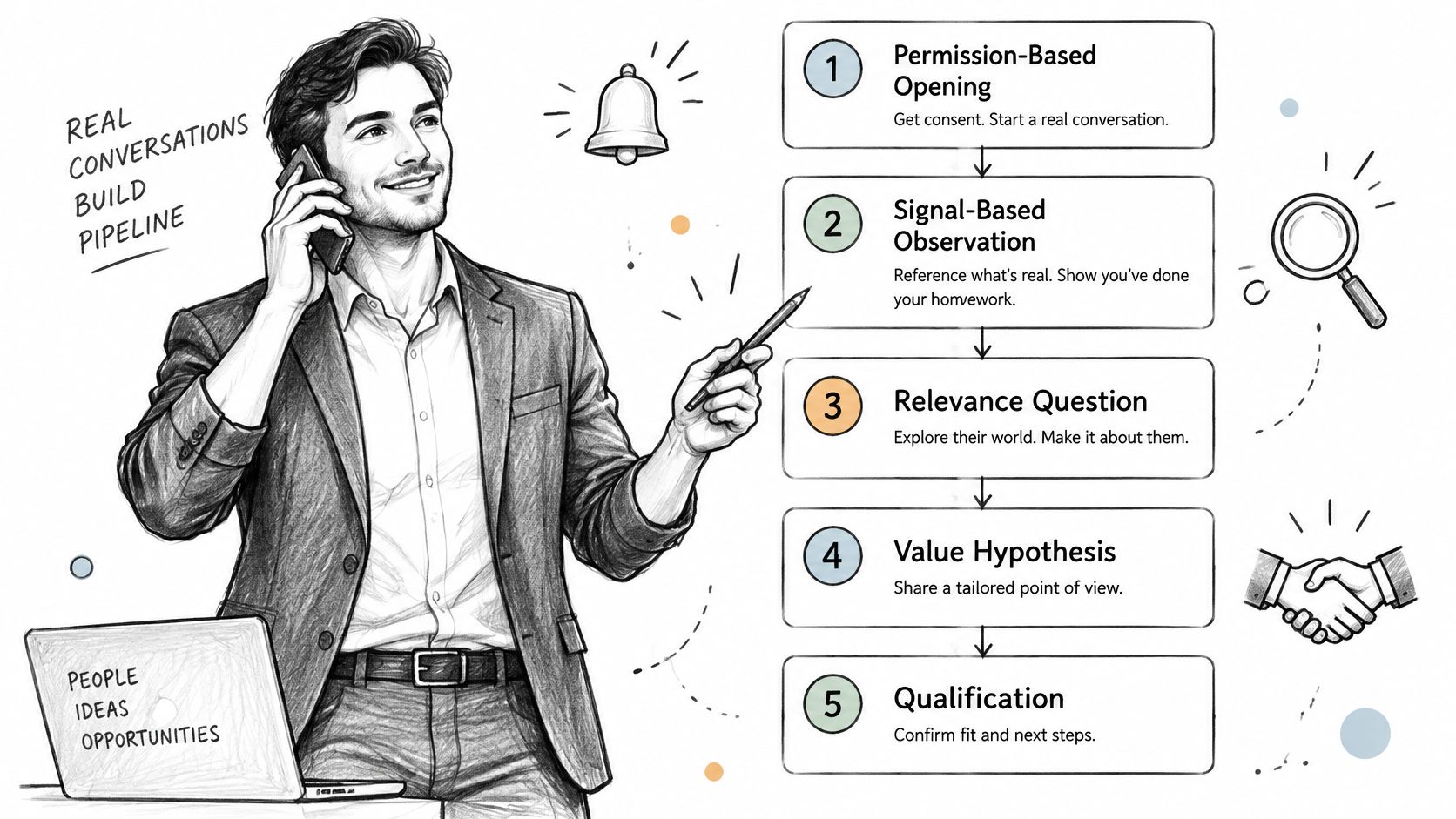 A professional man demonstrating a five-step sales process for building a B2B pipeline through real conversations.