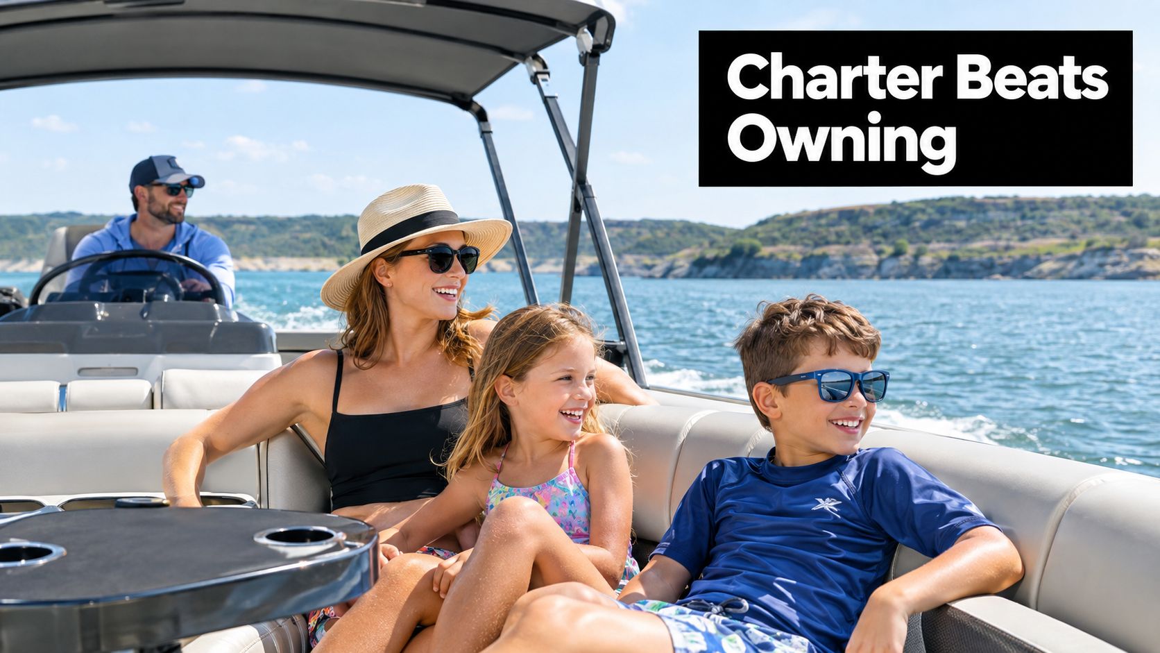 A happy family enjoying a sunny day on a pontoon boat ride across a scenic lake.