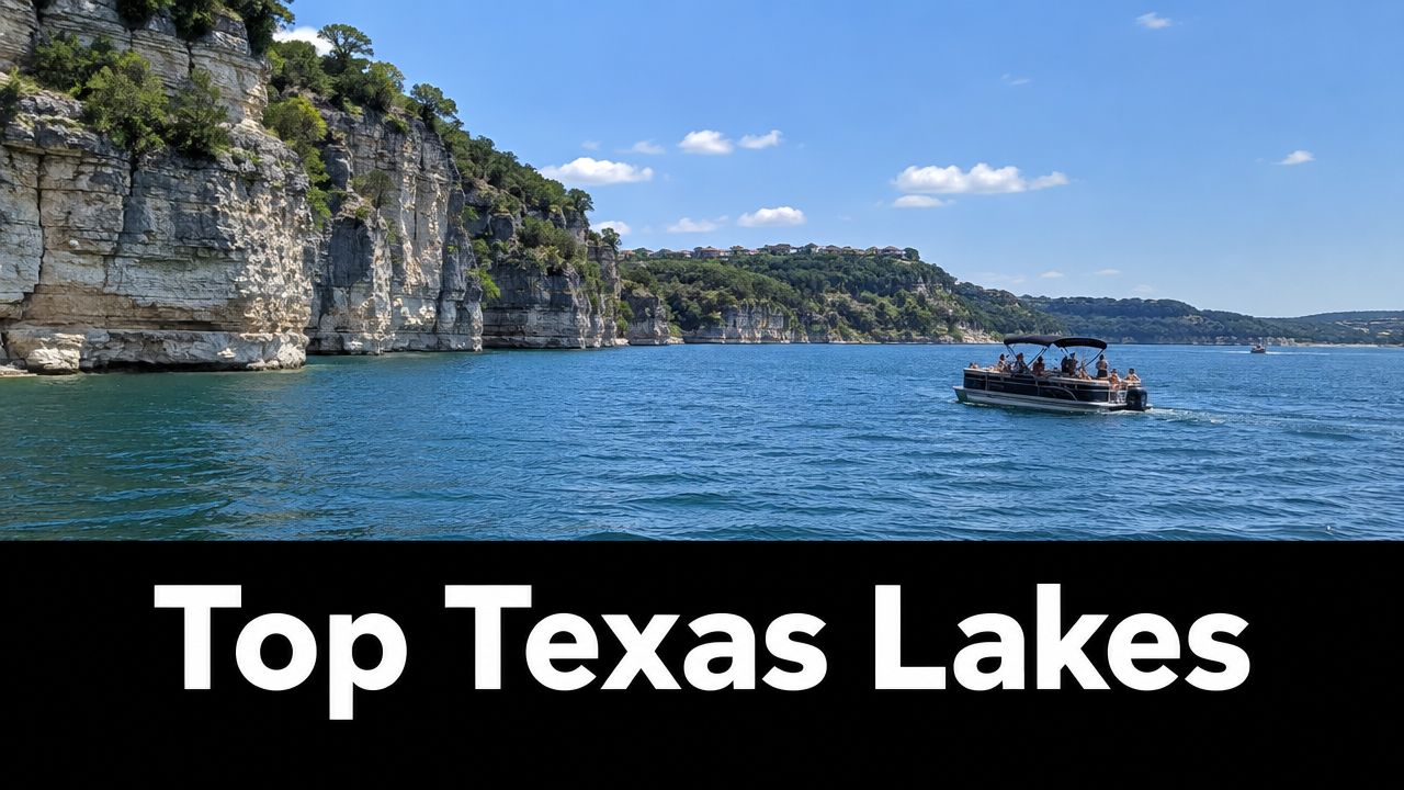 A scenic view of a party boat cruising on a Texas lake surrounded by limestone cliffs.