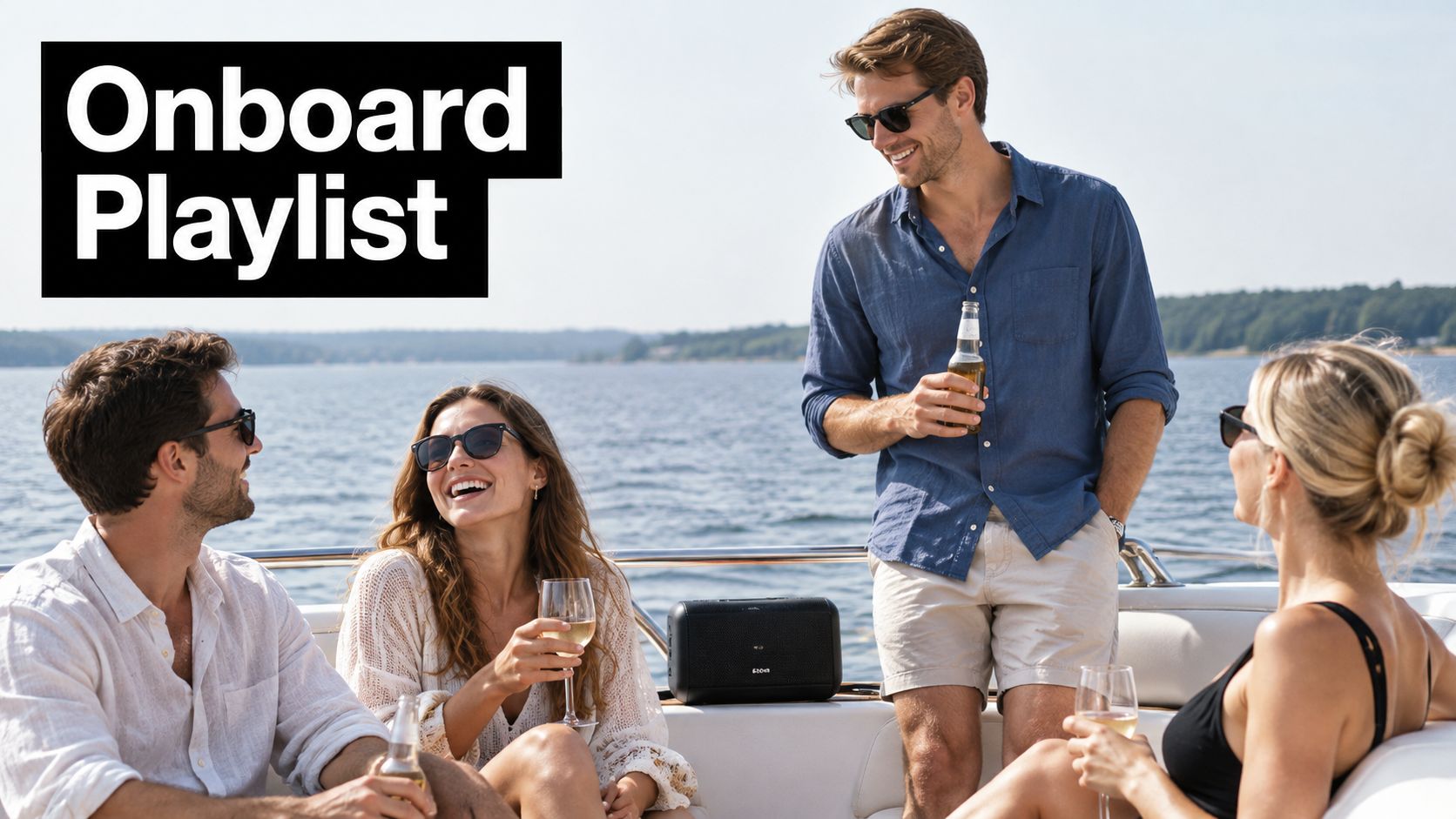 A group of friends enjoying drinks and music on a boat during a sunny summer day out.
