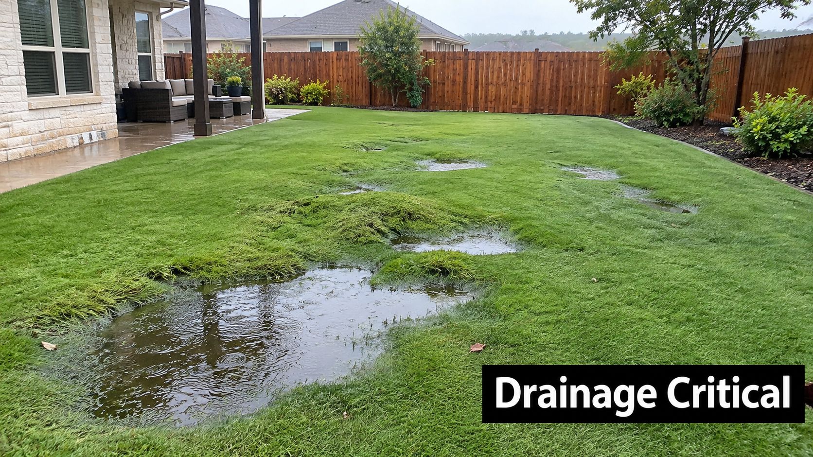 A backyard with artificial grass showing significant pooling and poor drainage during a rainy day.