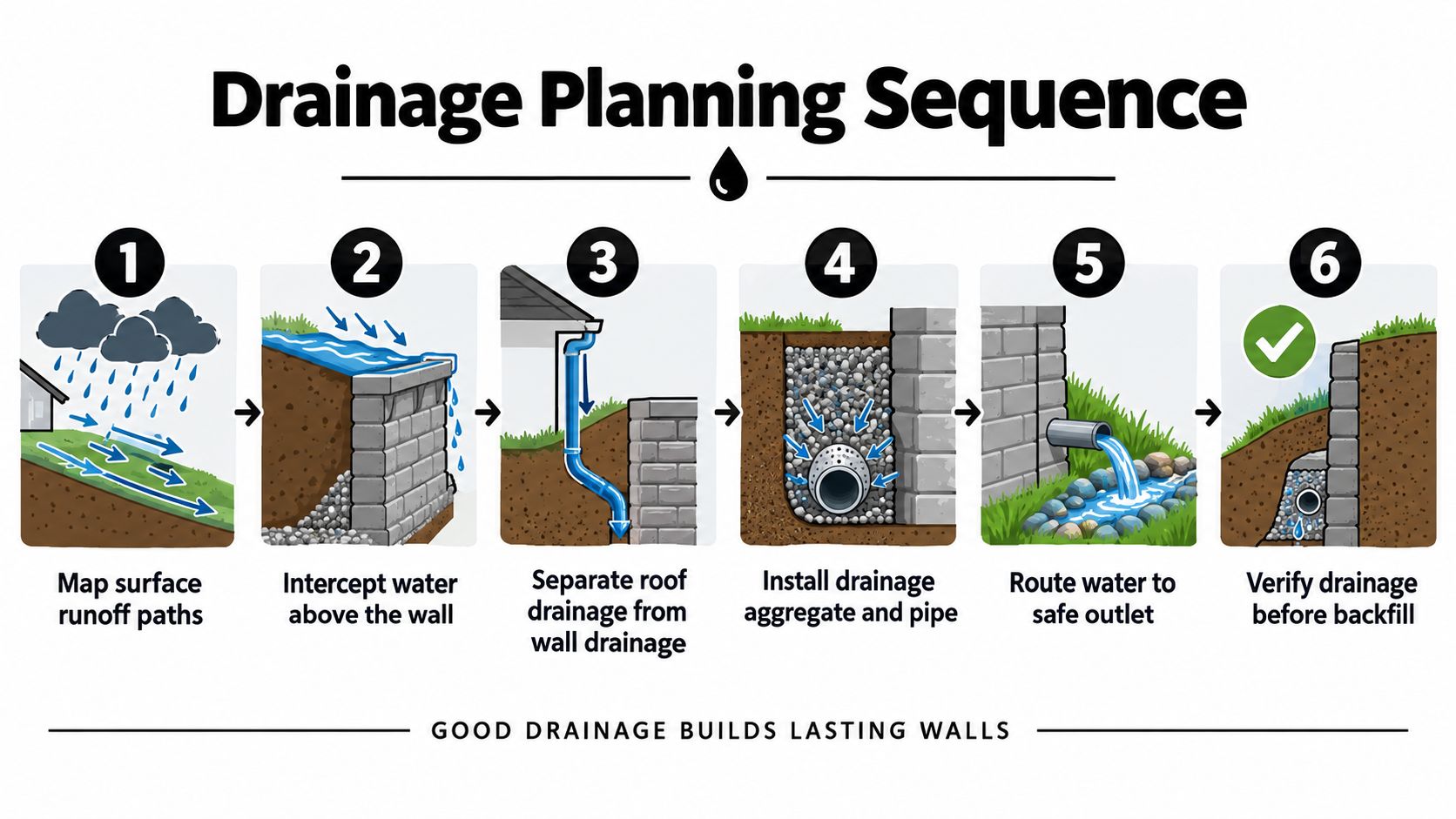 A six-step infographic showing the proper planning and installation sequence for effective retaining wall drainage systems.