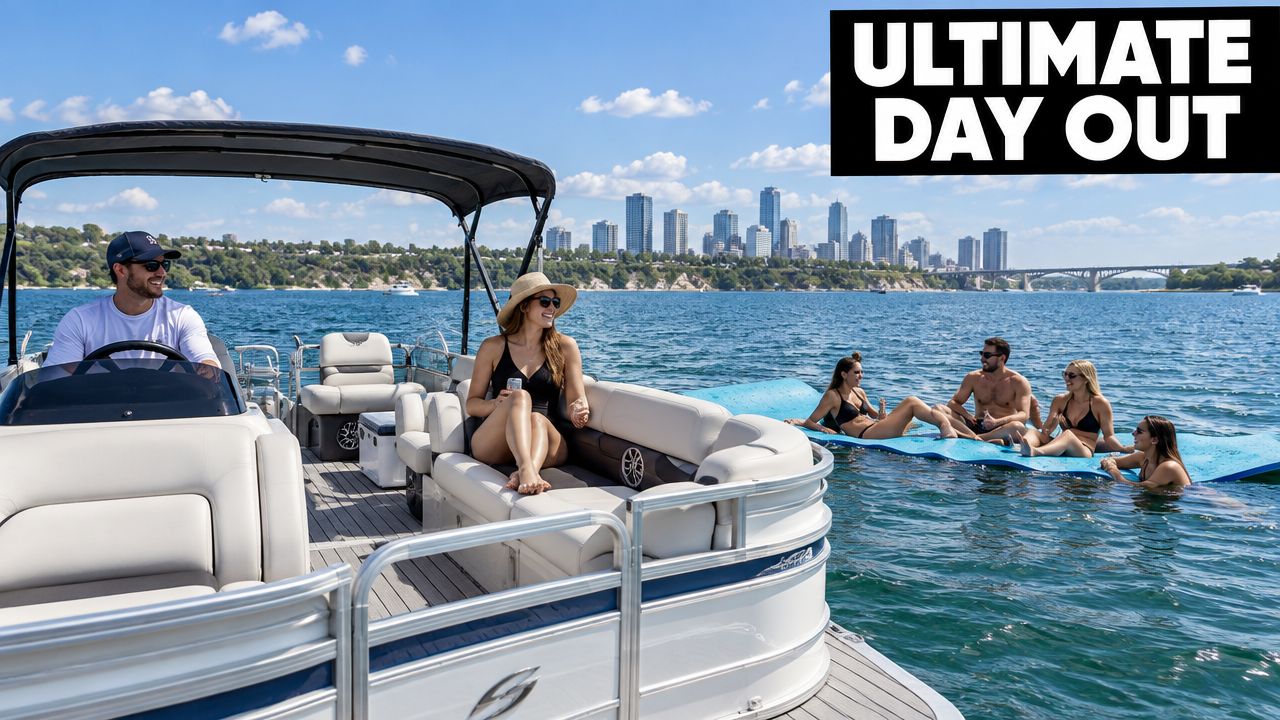 A group of friends enjoying a sunny day on a pontoon boat rental near a city skyline.