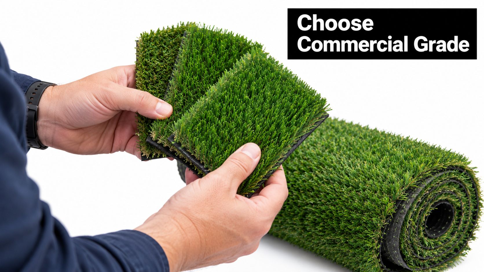 A person holding three samples of artificial grass next to a large roll of turf.